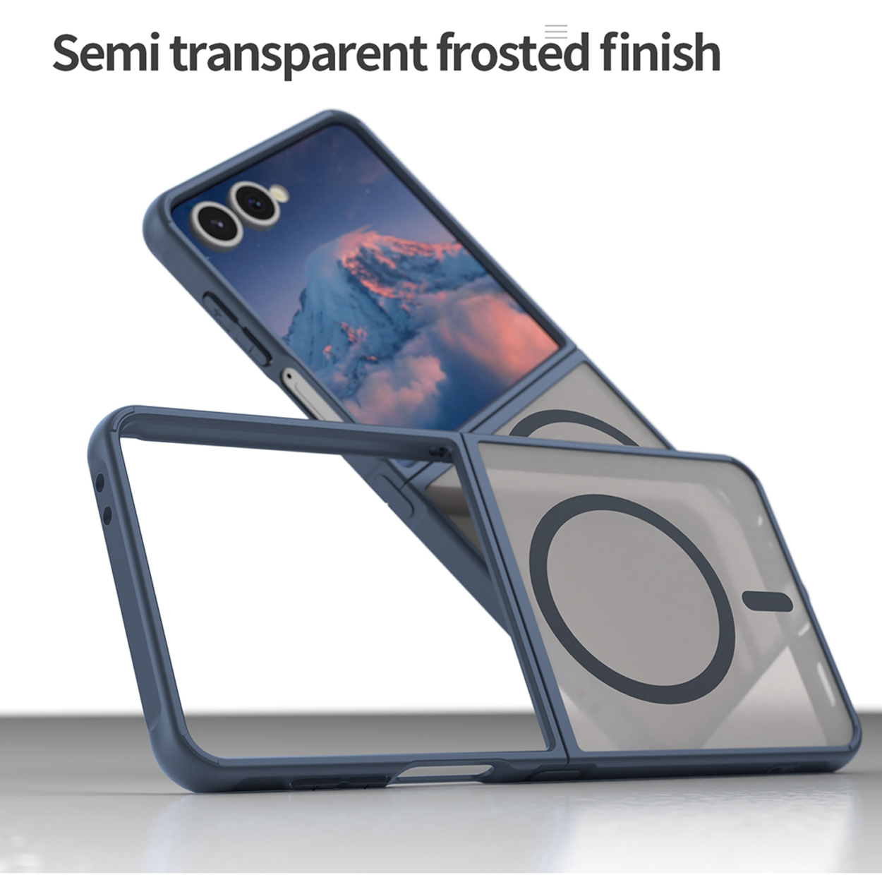 Blauwe telefoonhoes met een semi-transparante matte afwerking, die het ontwerp van de telefoon laat zien.
