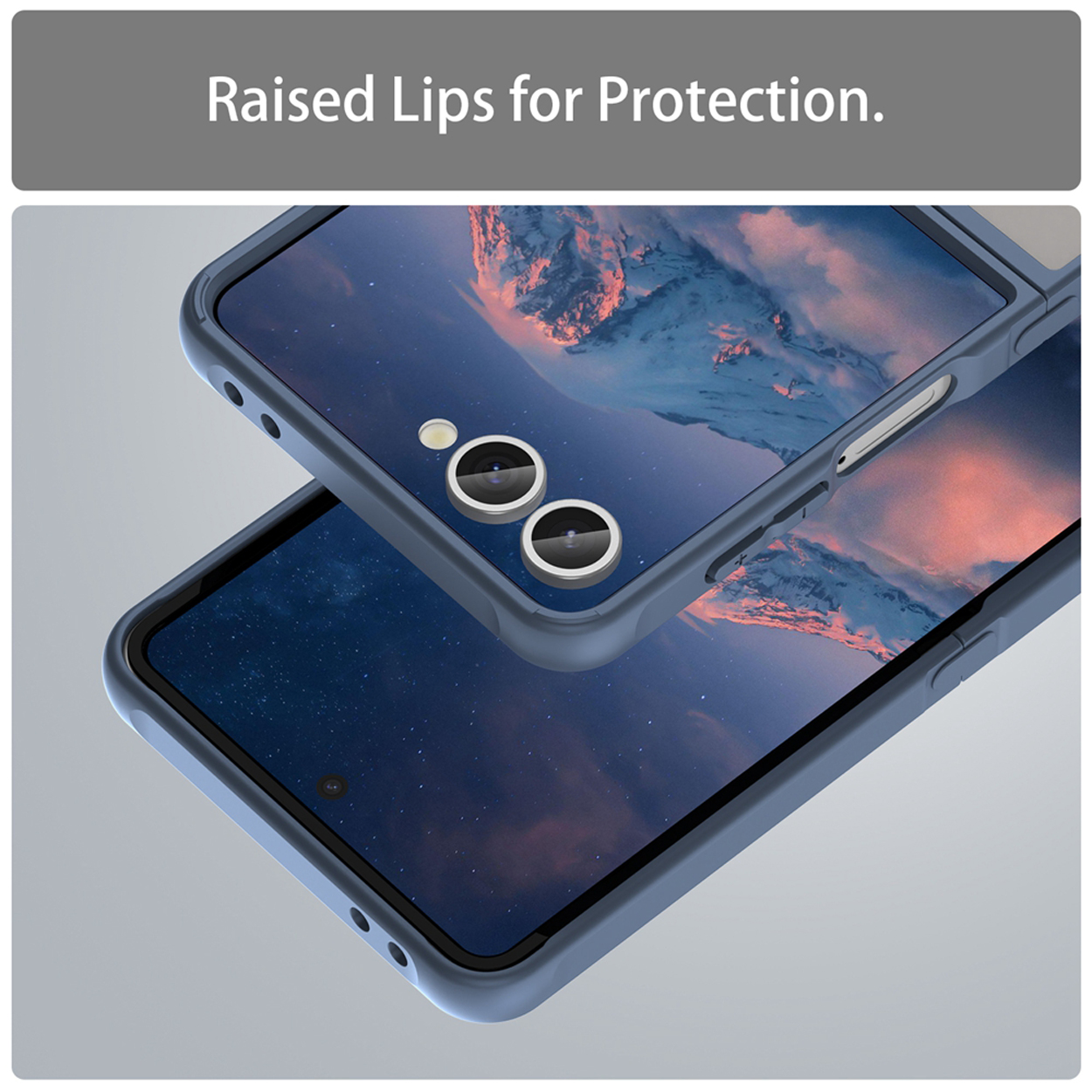 Twee blauwe telefoonhoesjes, de ene bovenop de andere, die de telefoon en het ontwerp ervan tonen.