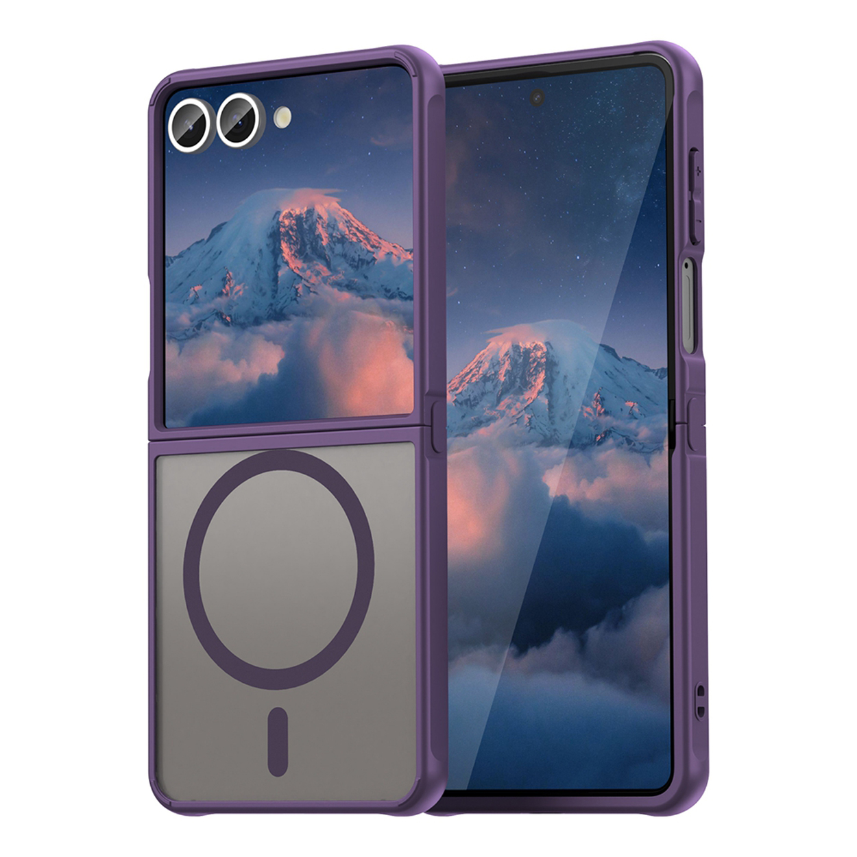 Paarse telefoonhoes met twee camera's. Het scherm toont een berglandschap. De hoes heeft een magnetische cirkel.