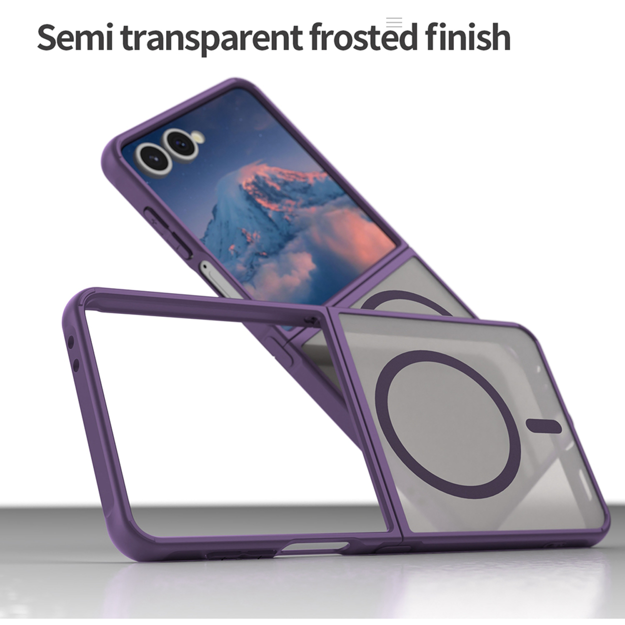 Een paarse telefoonhoes, gedeeltelijk open, met het telefoonscherm en de tekst 'Semi transparent frosted finish'.