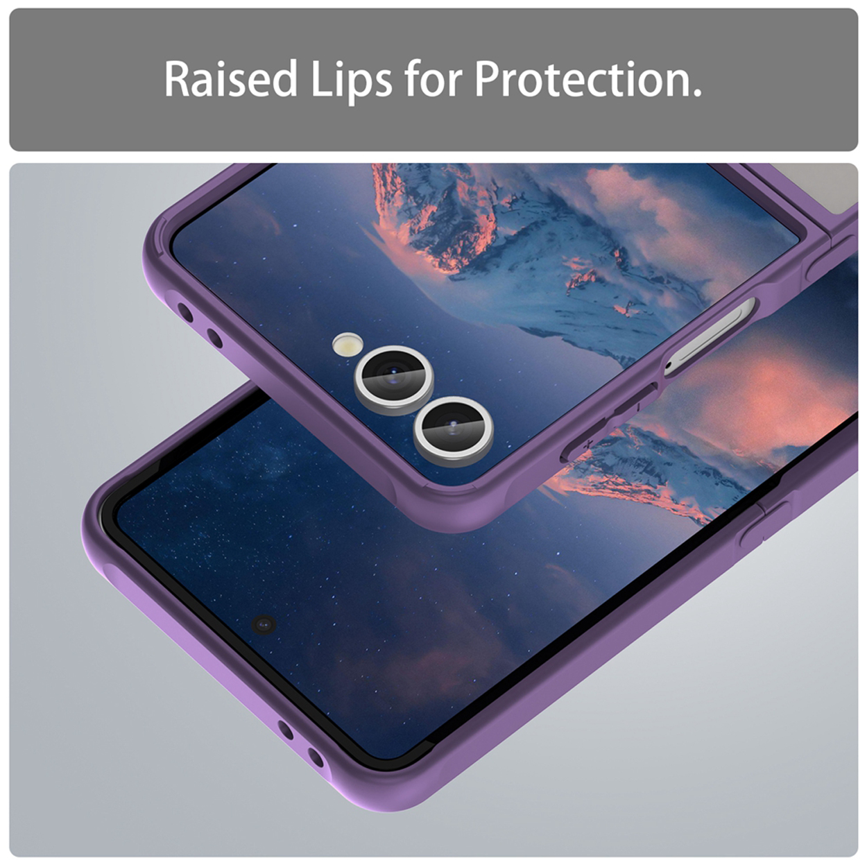Twee paarse telefoonhoesjes, de ene bovenop de andere, die de telefoon en het ontwerp ervan tonen.