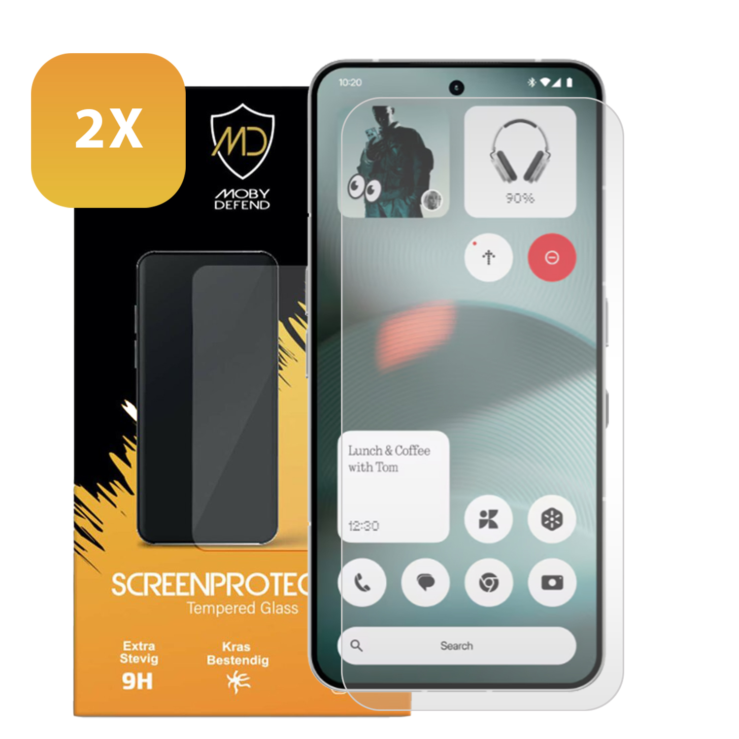 Telefoonschermbeschermer met telefoon, doos met productnaam en 2X-sticker in de hoek.