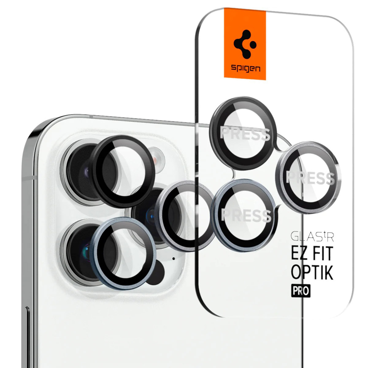 Téléphone avec protections d'objectif de caméra. Protections noires avec bords argentés. Le logo est sur le côté.