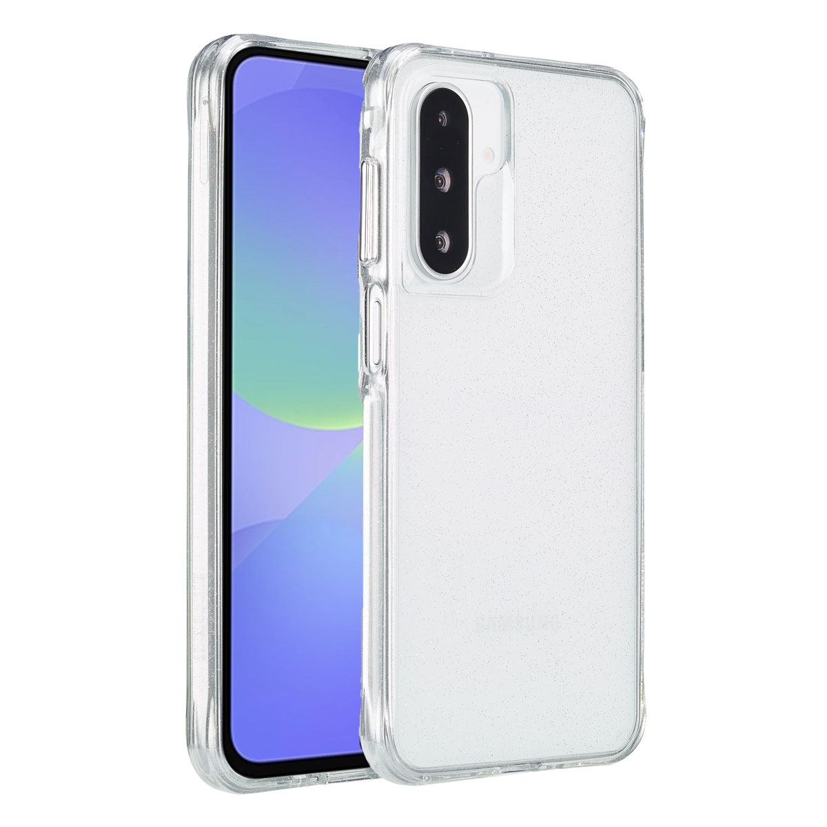 Telefoon in een transparante glitterhoes, toont het scherm. Hoes beschermt de telefoon, transparant.