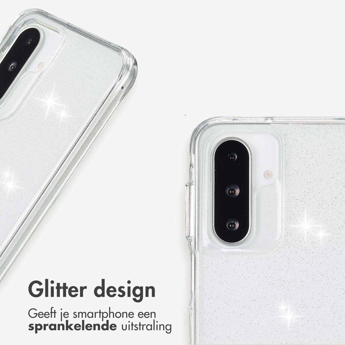 Transparante telefoonhoes met glittereffect, sprankelend. Toont de camera en de achterkant van de telefoon.