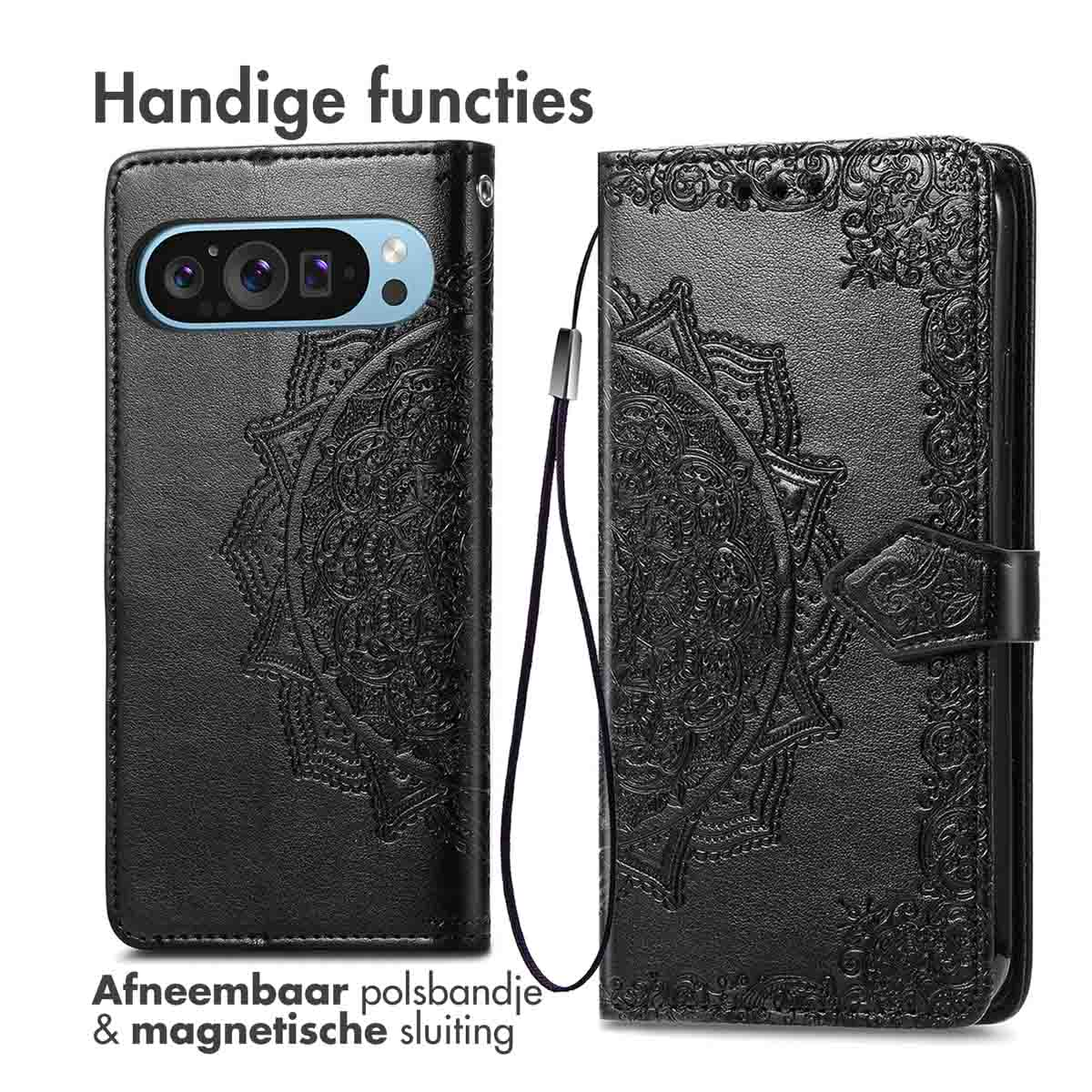 Zwarte telefoonhoes met een reliëf ontwerp. Het heeft een riem. Eén kant is open, waar de telefoon te zien is.