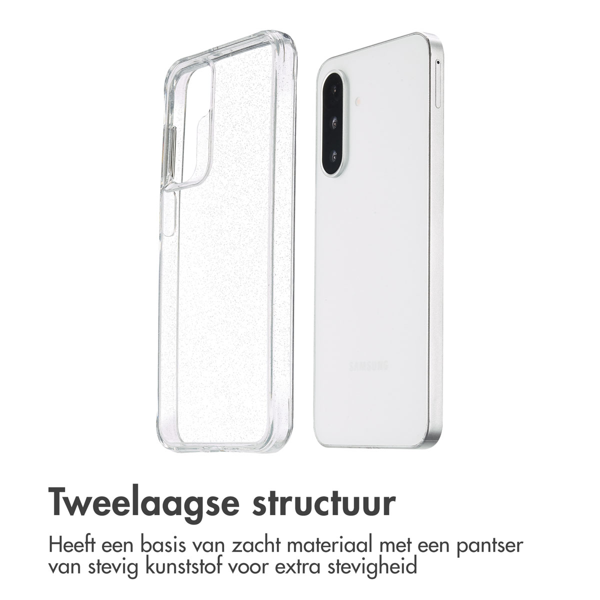 Telefoon en hoesje. De telefoon is wit en de hoes is doorzichtig en glinsterend.