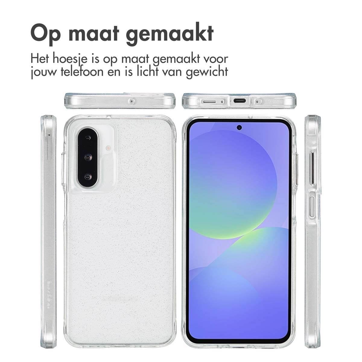 Transparante telefoonhoes met een telefoon erin. De telefoon heeft een blauwe achtergrond.