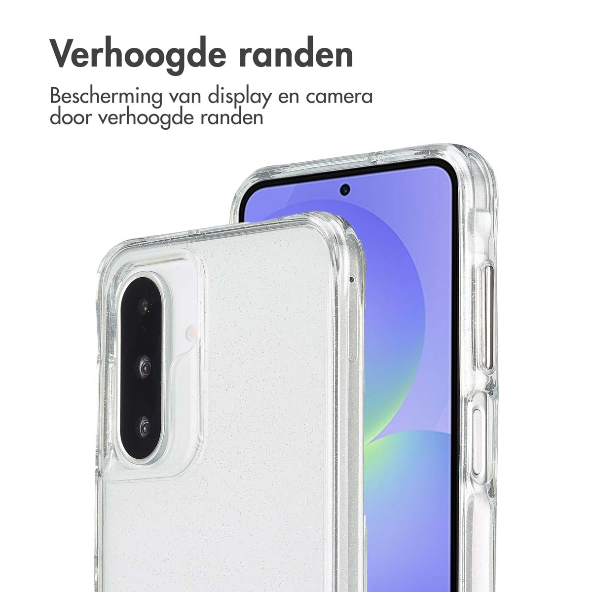 Telefoon met een transparante glitterhoes, close-up. De hoes bedekt de telefoon, hij is sprankelend.