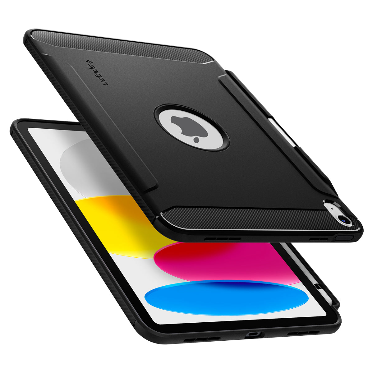 iPad noir dans un étui noir, partiellement ouvert. L'écran affiche une image colorée.