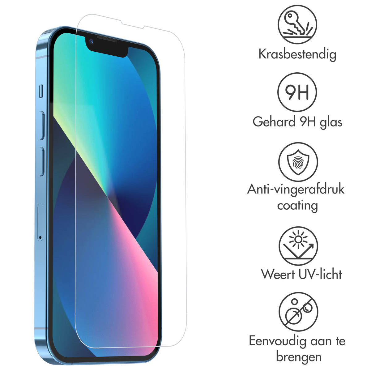 Protecteur d'écran de téléphone avec des icônes. Le téléphone est bleu et le protecteur est transparent. Plusieurs icônes montrent les fonctionnalités.
