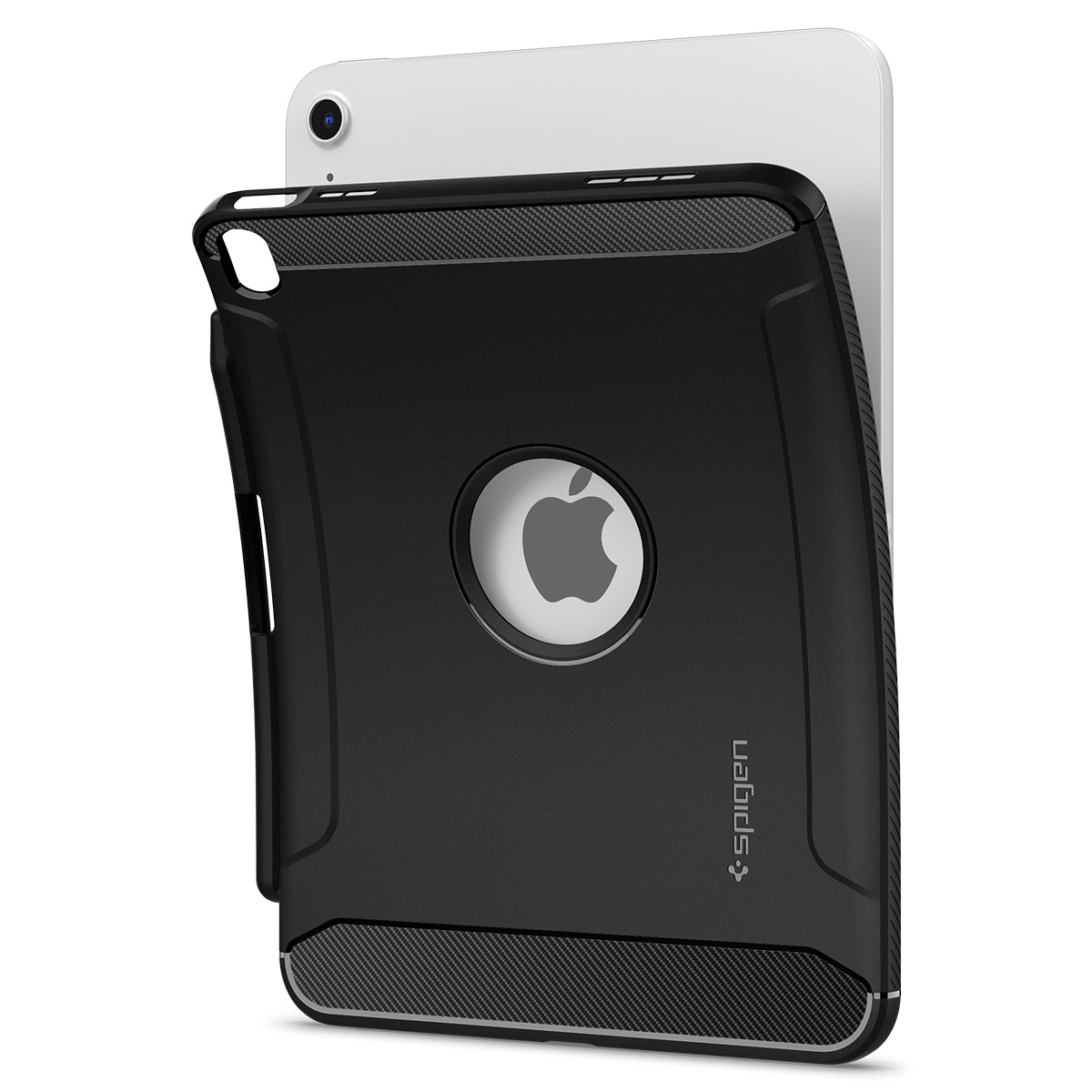 Étui noir pour iPad avec logo Apple, couvrant partiellement un iPad blanc. L'étui a un design en fibre de carbone texturé.