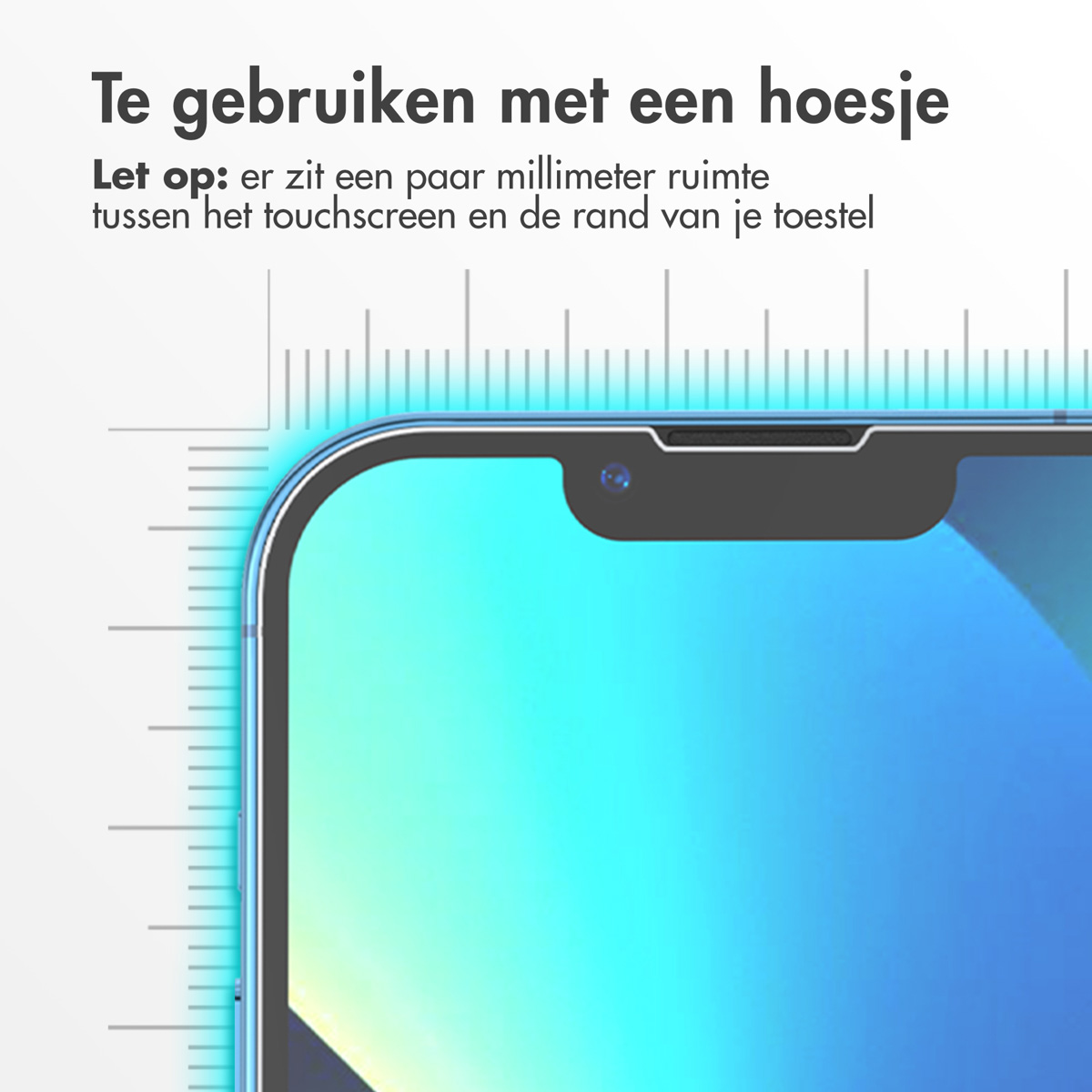 Gros plan d'un écran de téléphone avec un dégradé bleu et violet, entouré d'un graphique en forme de règle. Texte en néerlandais.