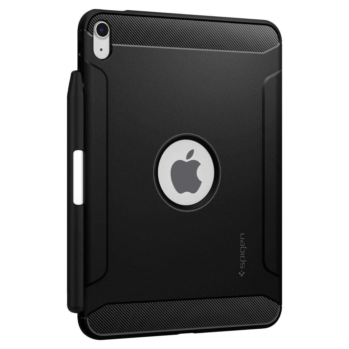 Étui iPad noir avec porte-stylo. Le dos est texturé. Le logo Apple est au milieu. Le stylo est visible.