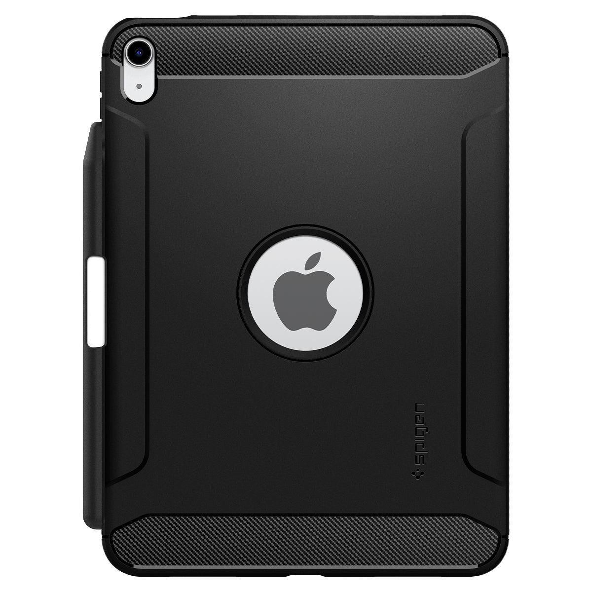 Étui iPad noir avec découpe logo Apple et porte-crayon.