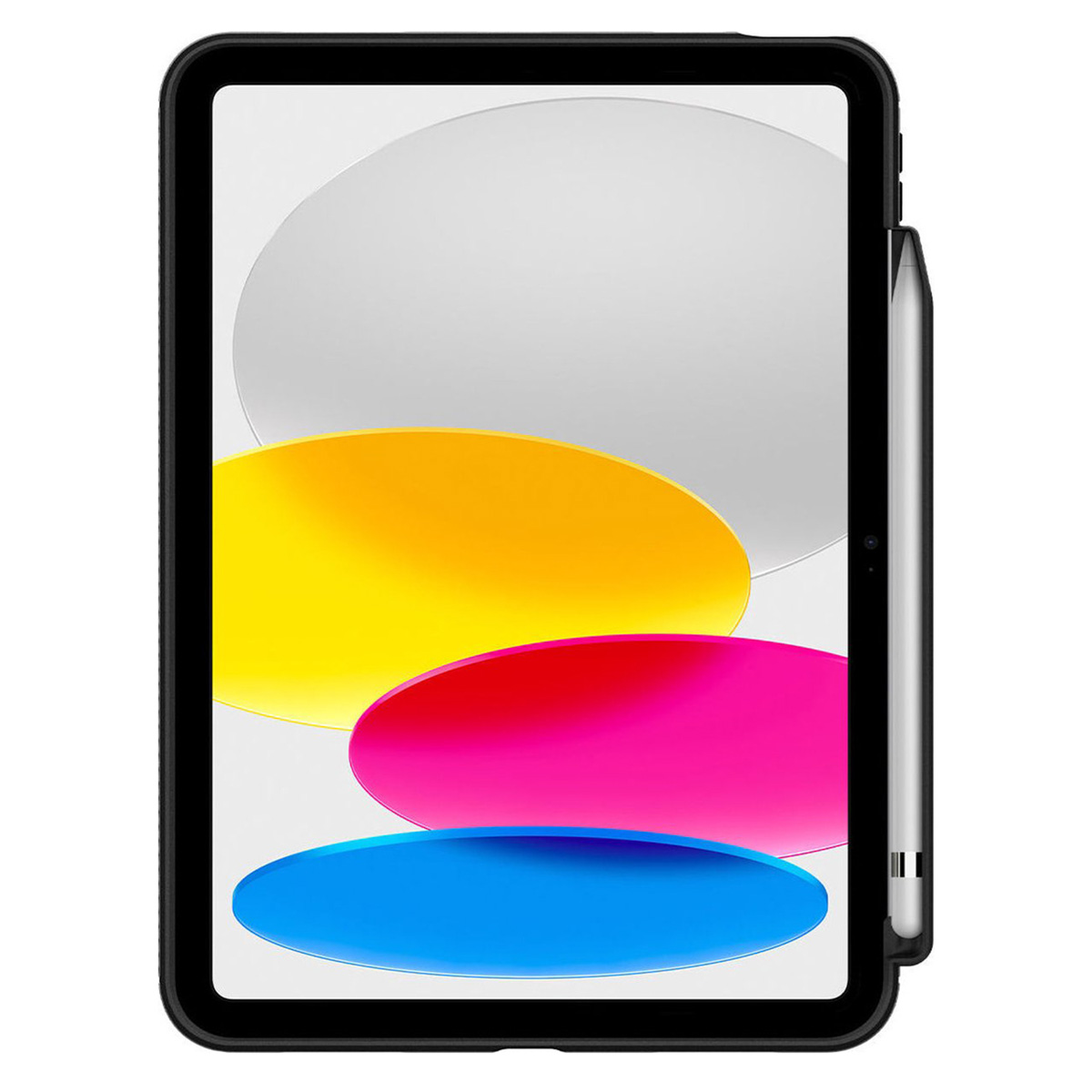 Un iPad avec un fond coloré, avec des formes jaunes, roses et bleues.