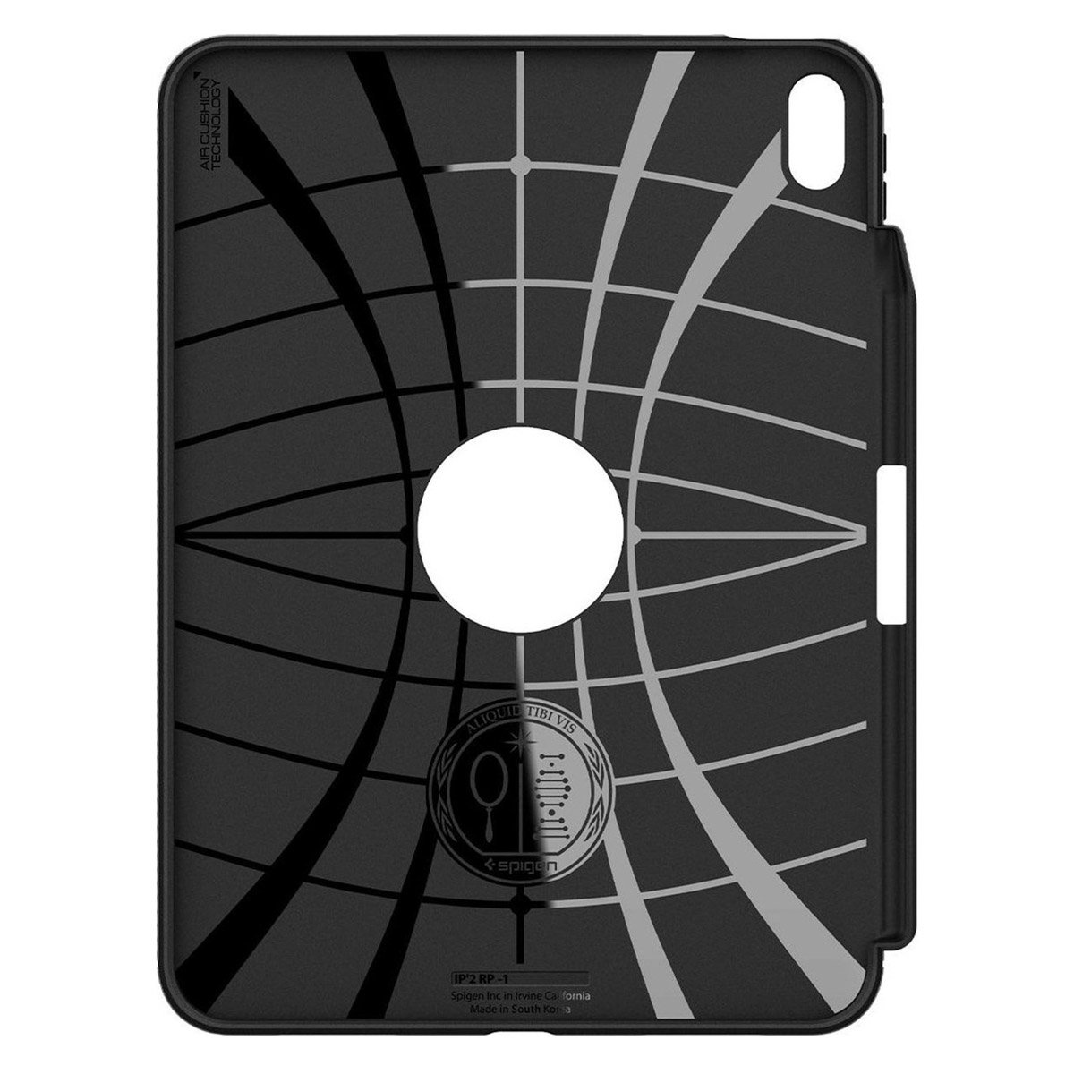 Étui iPad noir avec motif quadrillé, découpe logo Apple et logo Spigen.