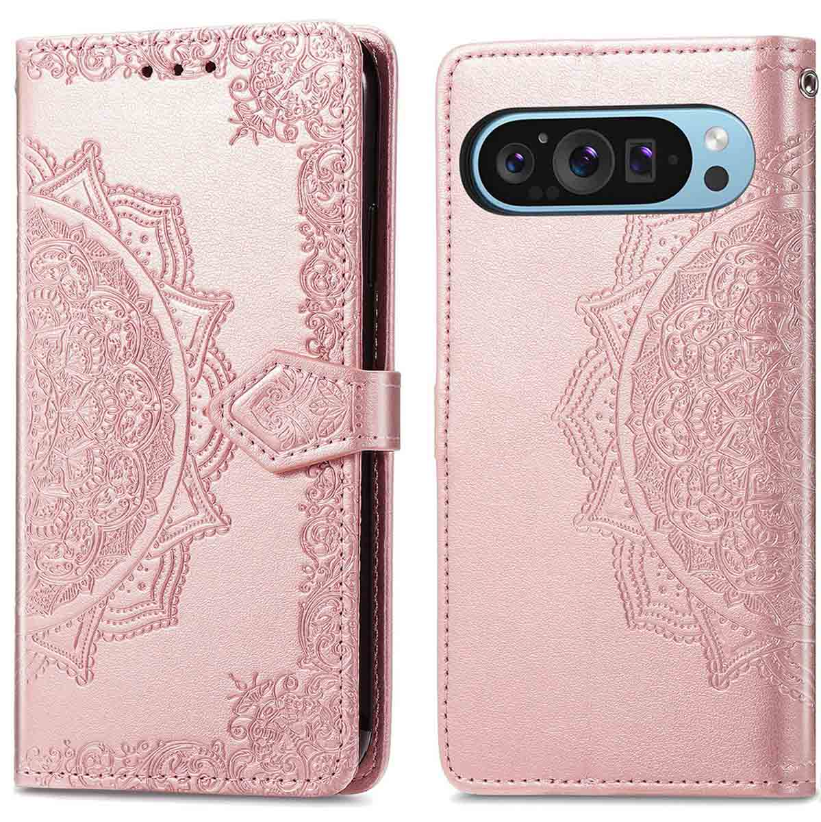 Roze telefoonhoes met mandala-ontwerp, gesloten. De voor- en achterkant van de gesloten hoes worden getoond.