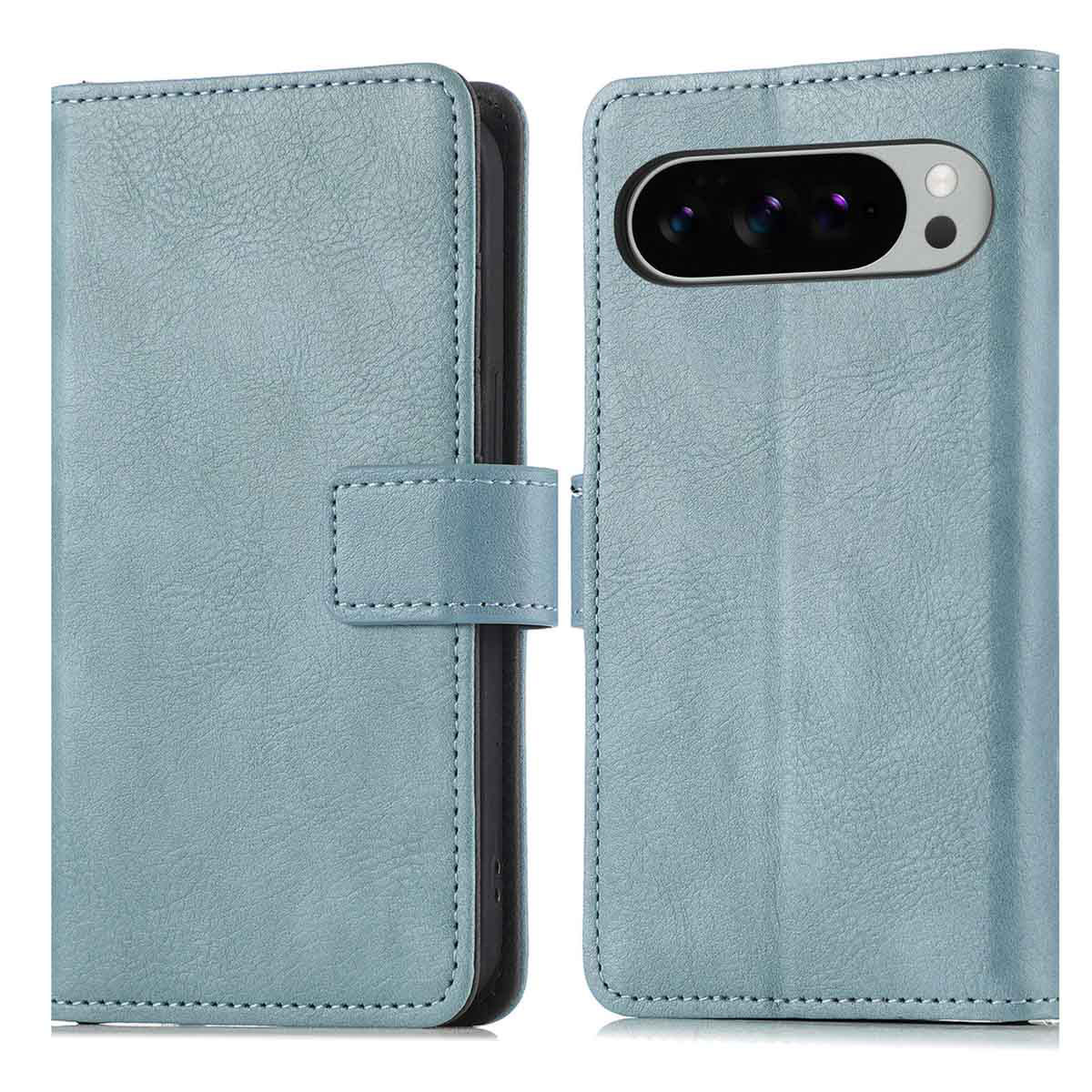 Étui de téléphone bleu clair, ouvert, montrant un téléphone. Le téléphone a plusieurs caméras.
