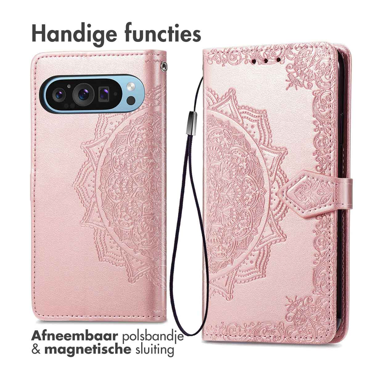 Roze telefoonhoes met mandala-ontwerp open. Tekst: 'Afneembare polsband & magnetische sluiting'.
