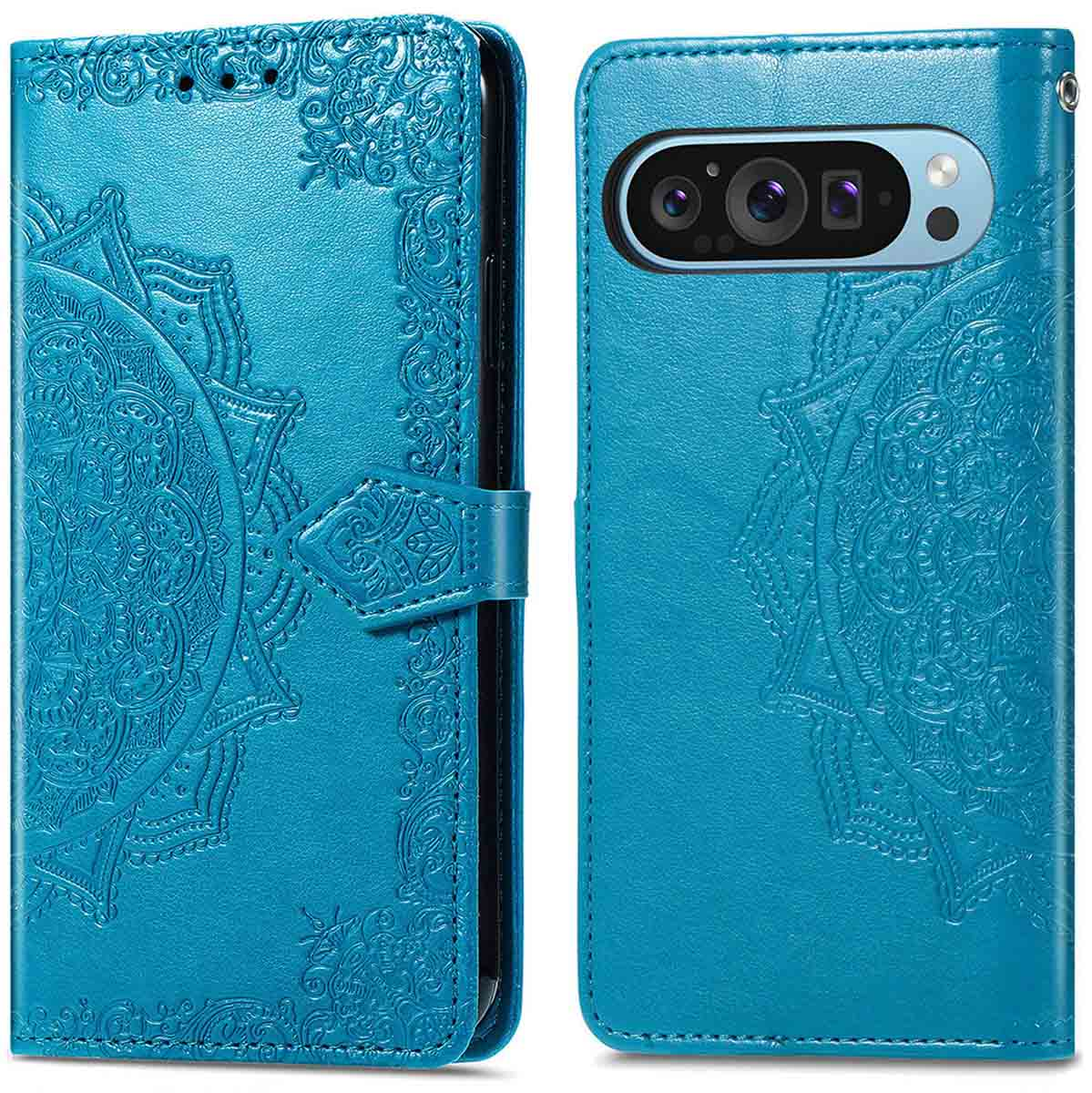 Étui de téléphone bleu, ouvert, montrant un téléphone. L'étui a un motif mandala.