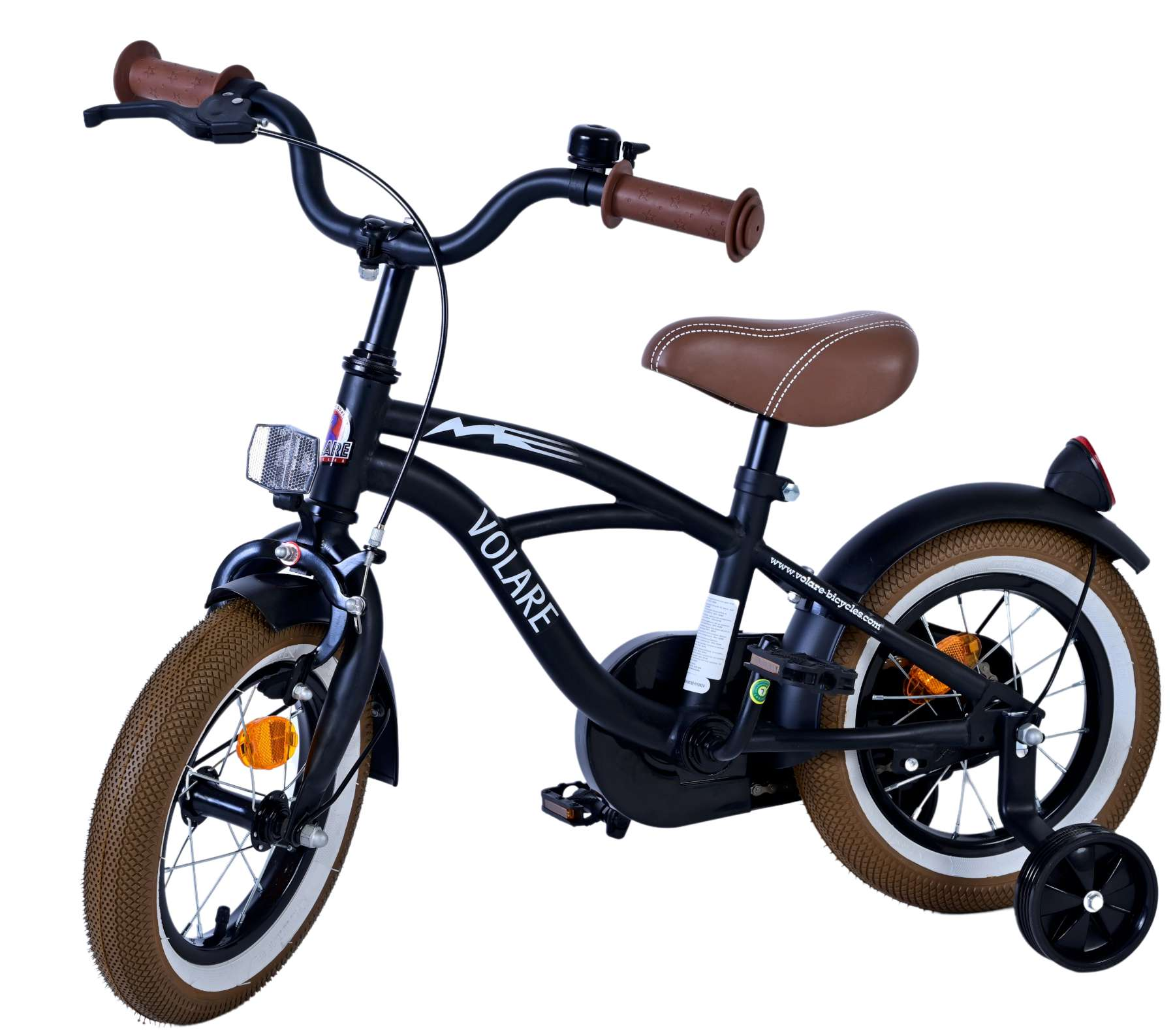 Schwarzes Kinderfahrrad mit braunen Reifen, Stützrädern und braunem Sattel. Auf dem Fahrrad steht „VOLARE“.