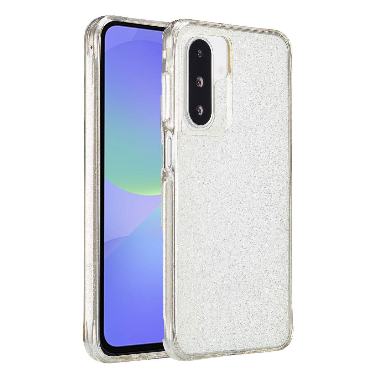 Een smartphone in een doorzichtige hoes. De telefoon staat op een witte achtergrond. De hoes heeft glitter.