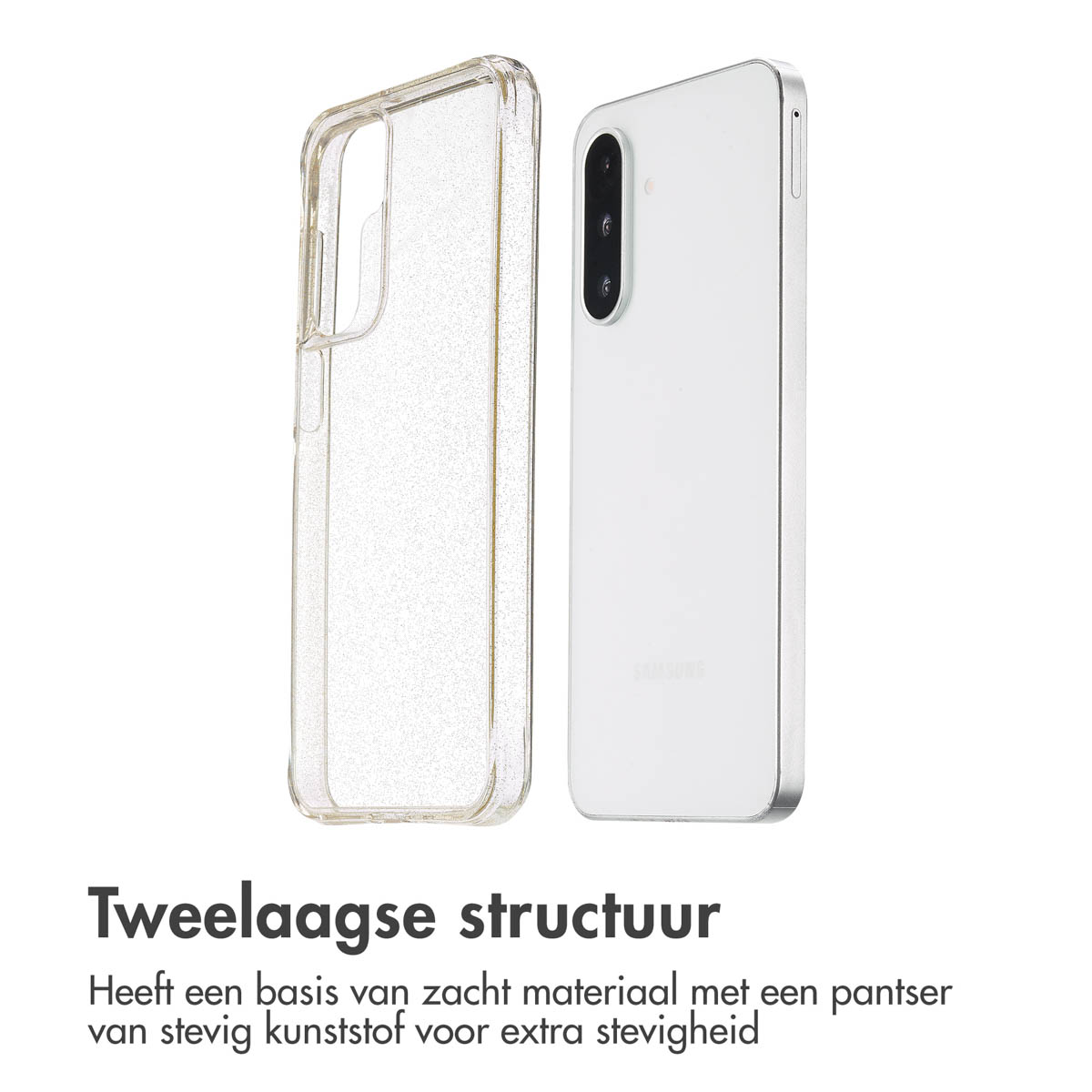 Transparante telefoonhoes en witte telefoon. Hoes links, telefoon rechts. Tekst onderaan: 'Tweelaagse structuur'.