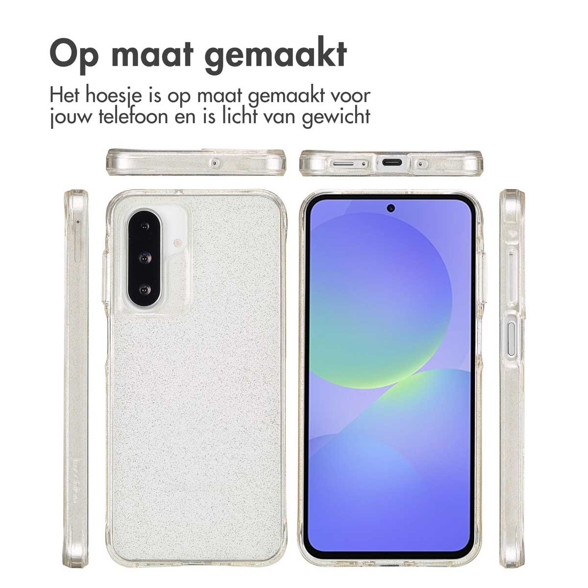 Een transparante telefoonhoes met een glinsterend ontwerp. Het toont het scherm van de telefoon. Nederlandse tekst erboven.