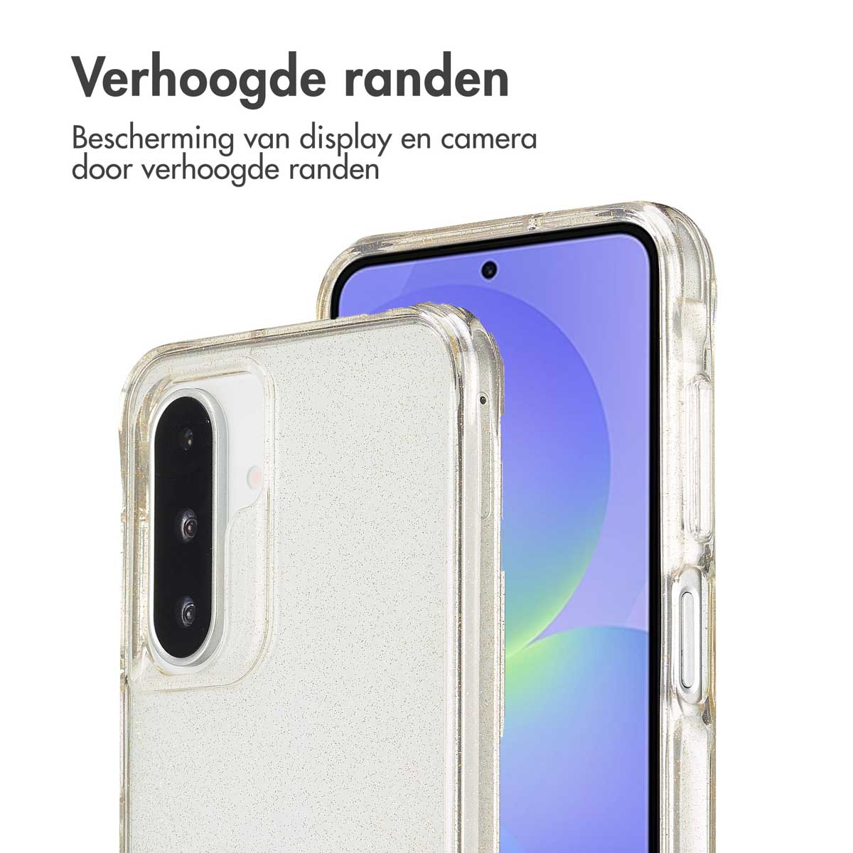 Close-up van een telefoonhoesje. De telefoon is zichtbaar. De hoes heeft glitter en is transparant.