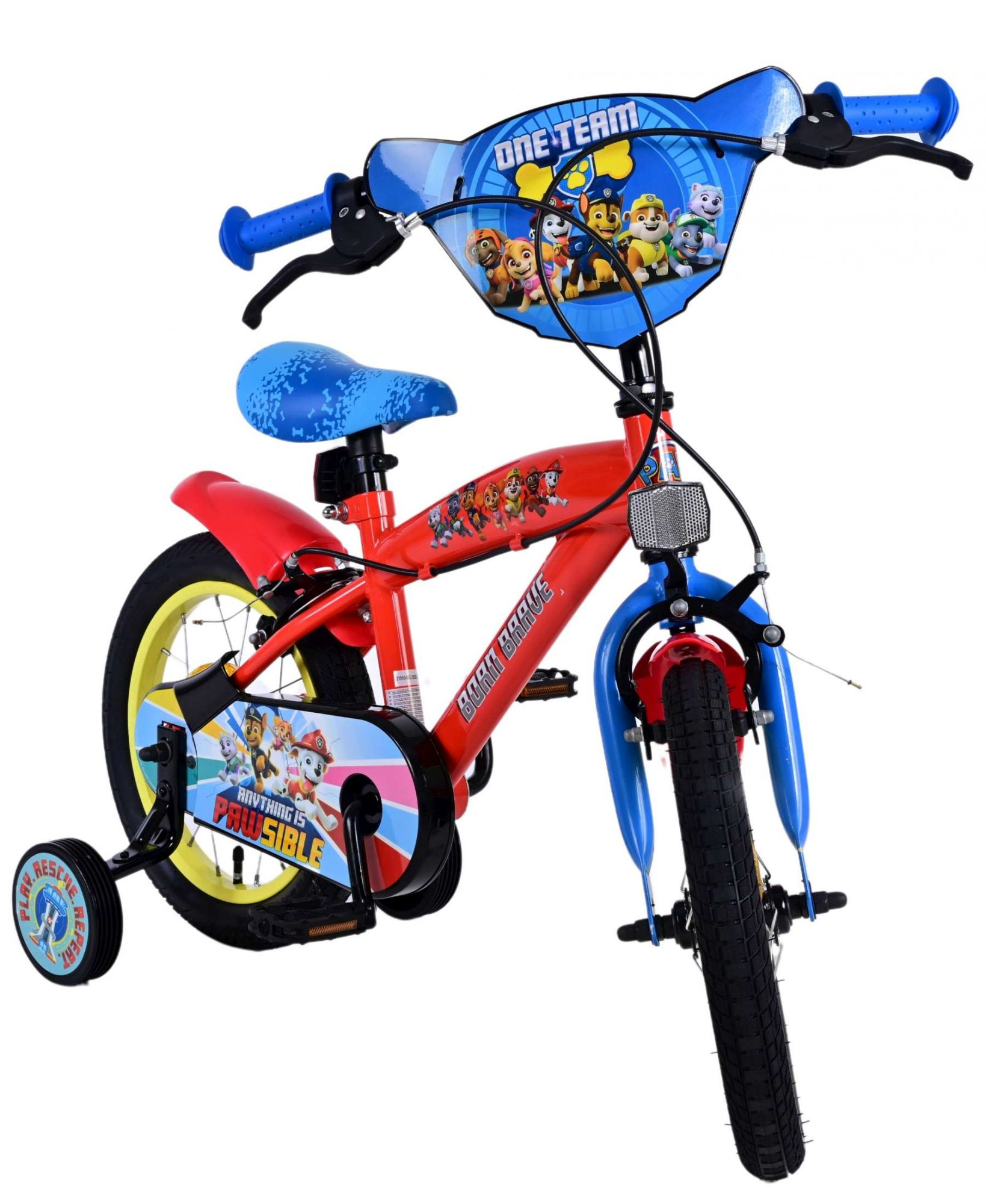 Rotes und blaues Kinderfahrrad mit Paw Patrol-Motiv. Mit Stützrädern und Lenkerdesign.