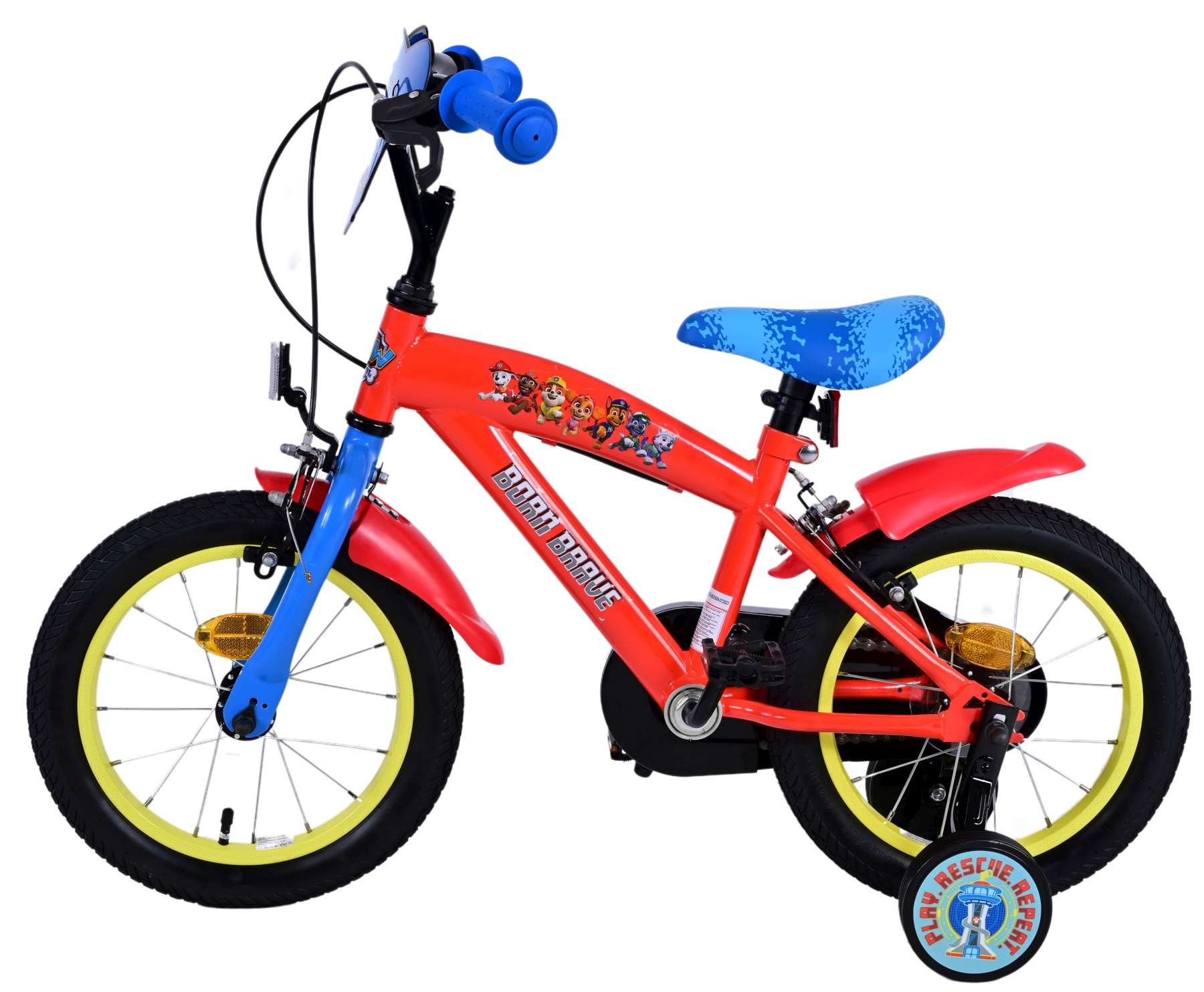 Rotes Kinderfahrrad mit Stützrädern. Mit 'Paw Patrol'-Grafiken und blauem Lenker.