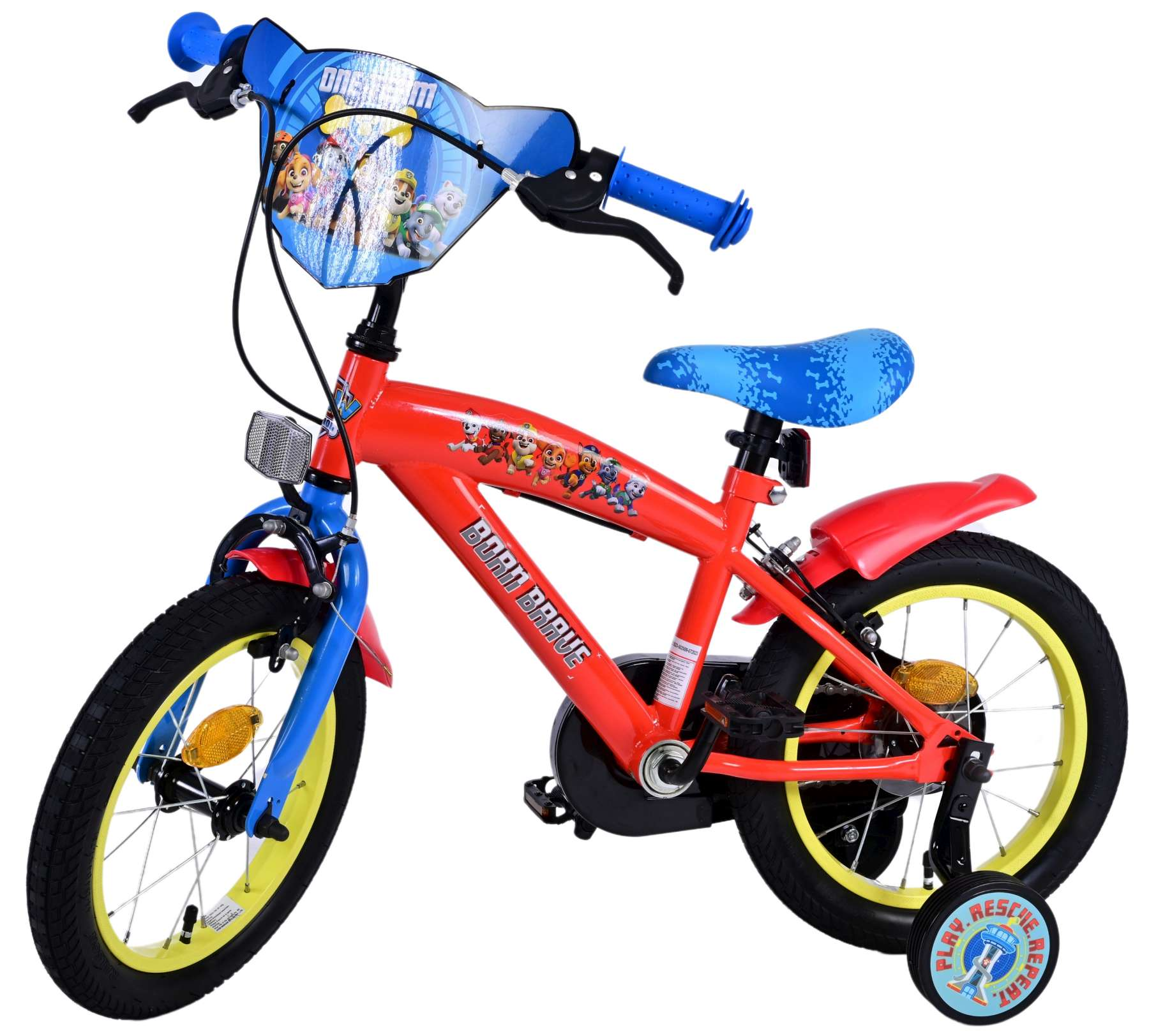 Rotes und blaues Kinderfahrrad mit Paw Patrol-Motiv. Inklusive Stützräder, Frontlicht und Lenkerdesign.