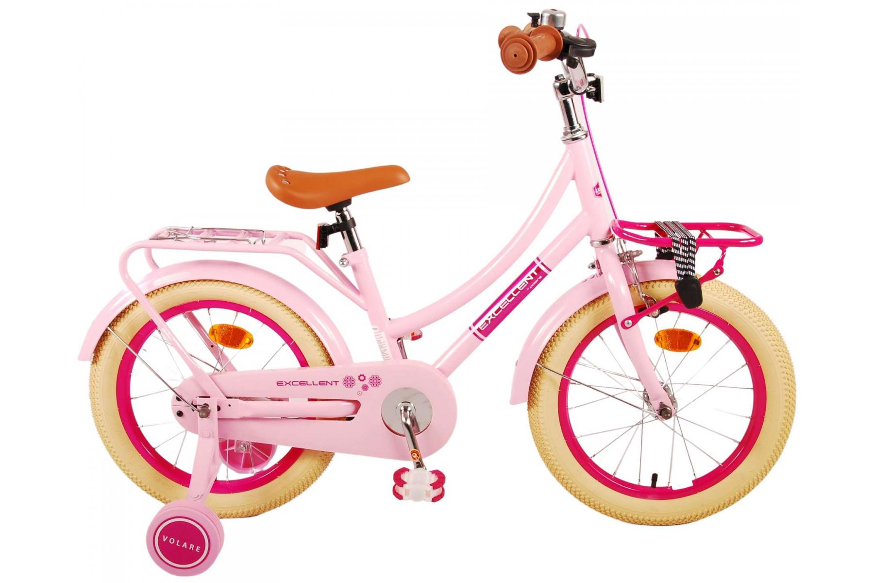 Rosa Kinderfahrrad mit Stützrädern. Mit braunem Sattel und Griffen und einem Korb.