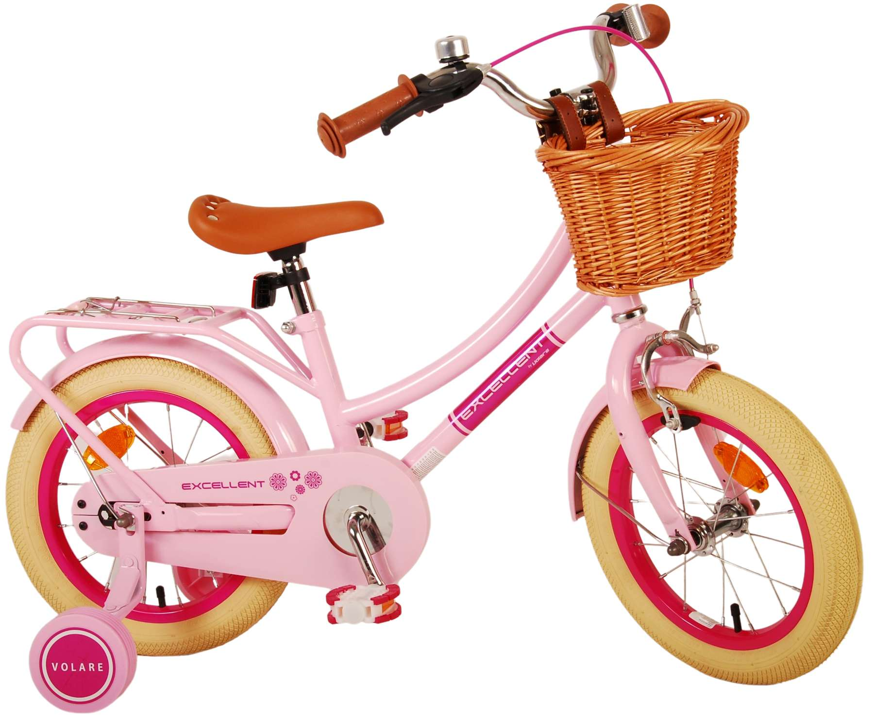 Rosa Kinderfahrrad mit Korb und Stützrädern. Mit braunem Sitz und weißen Reifen.