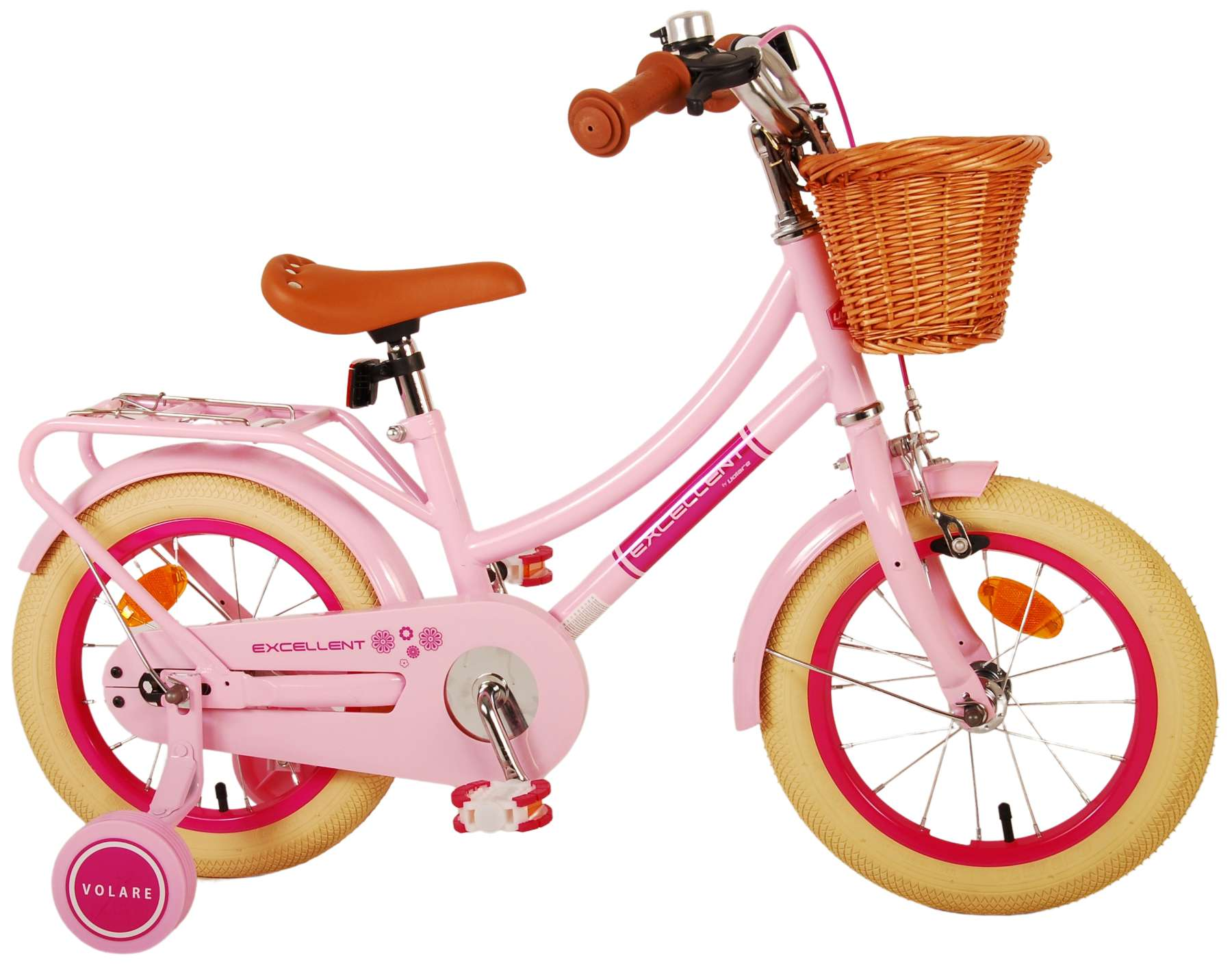 Rosa Fahrrad mit Stützrädern. Mit Korb, braunen Griffen und Sitz und einem rosa Rahmen.