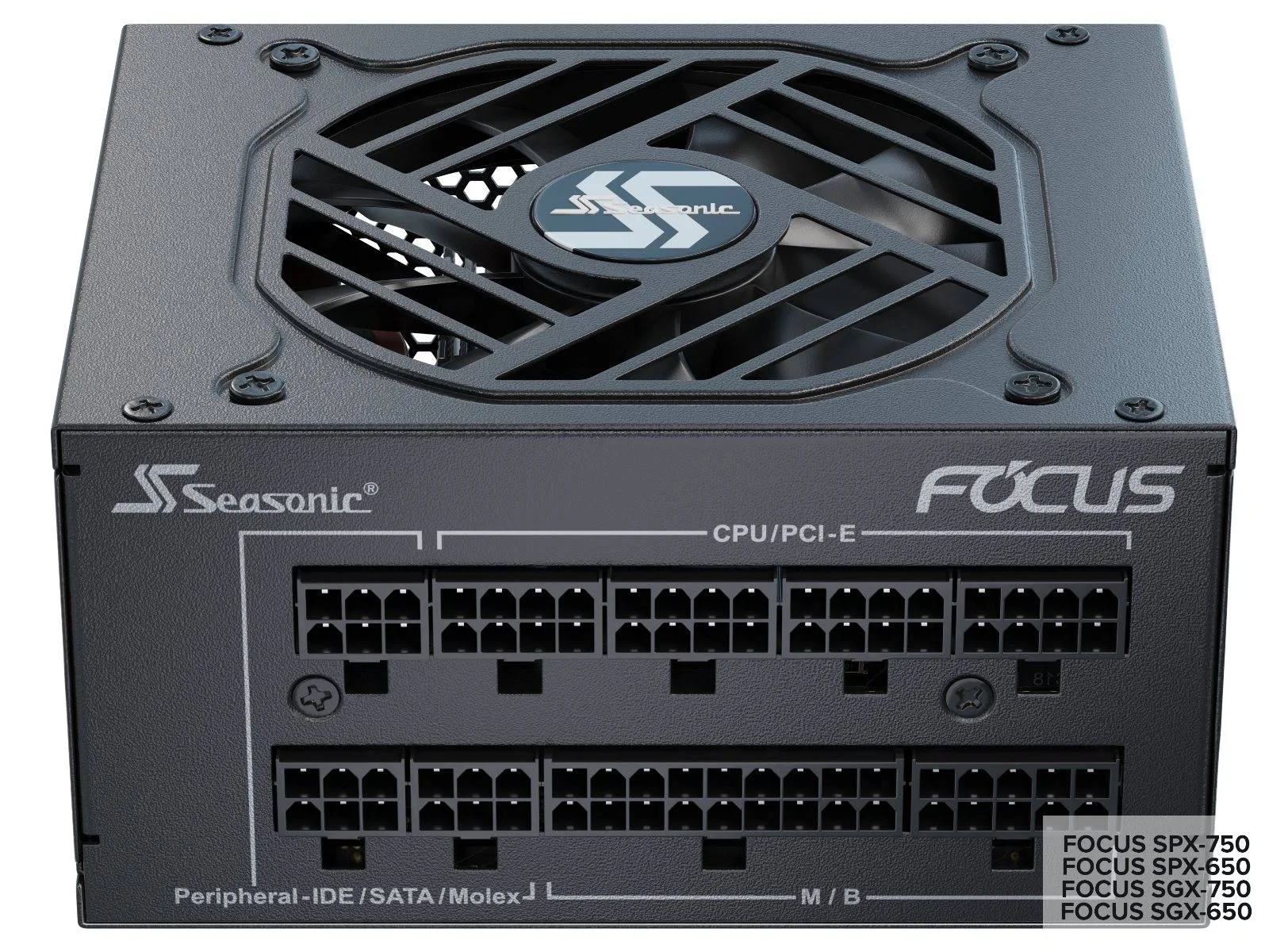 Schwarzes Computer-Netzteil mit Lüfter. Der Markenname und das Modell sind sichtbar.