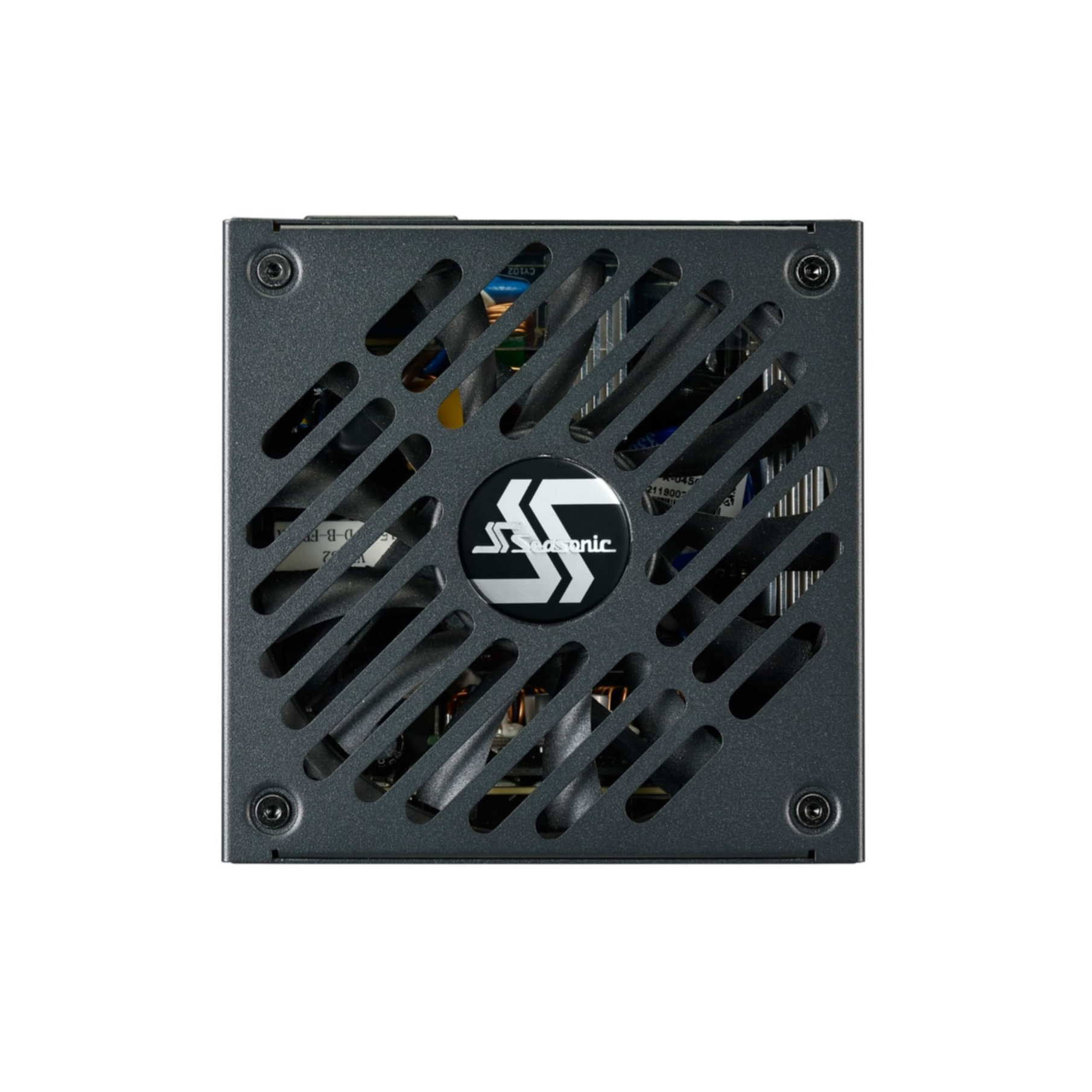 Ein schwarzes Computer-Netzteil mit Gitterdesign und Seasonic-Logo. Es hat einen Netzschalter und einen Stecker.