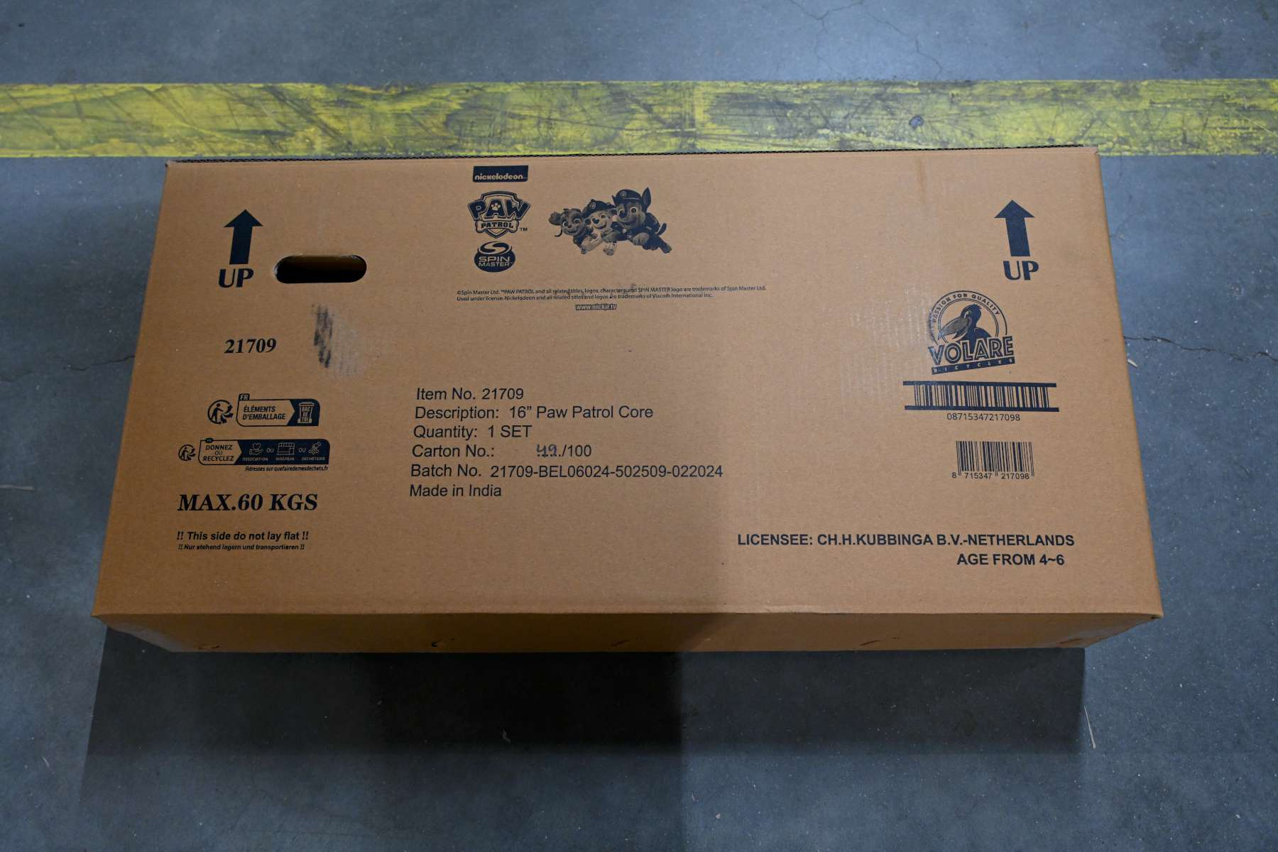 Karton mit Paw Patrol Grafiken und Textdetails.