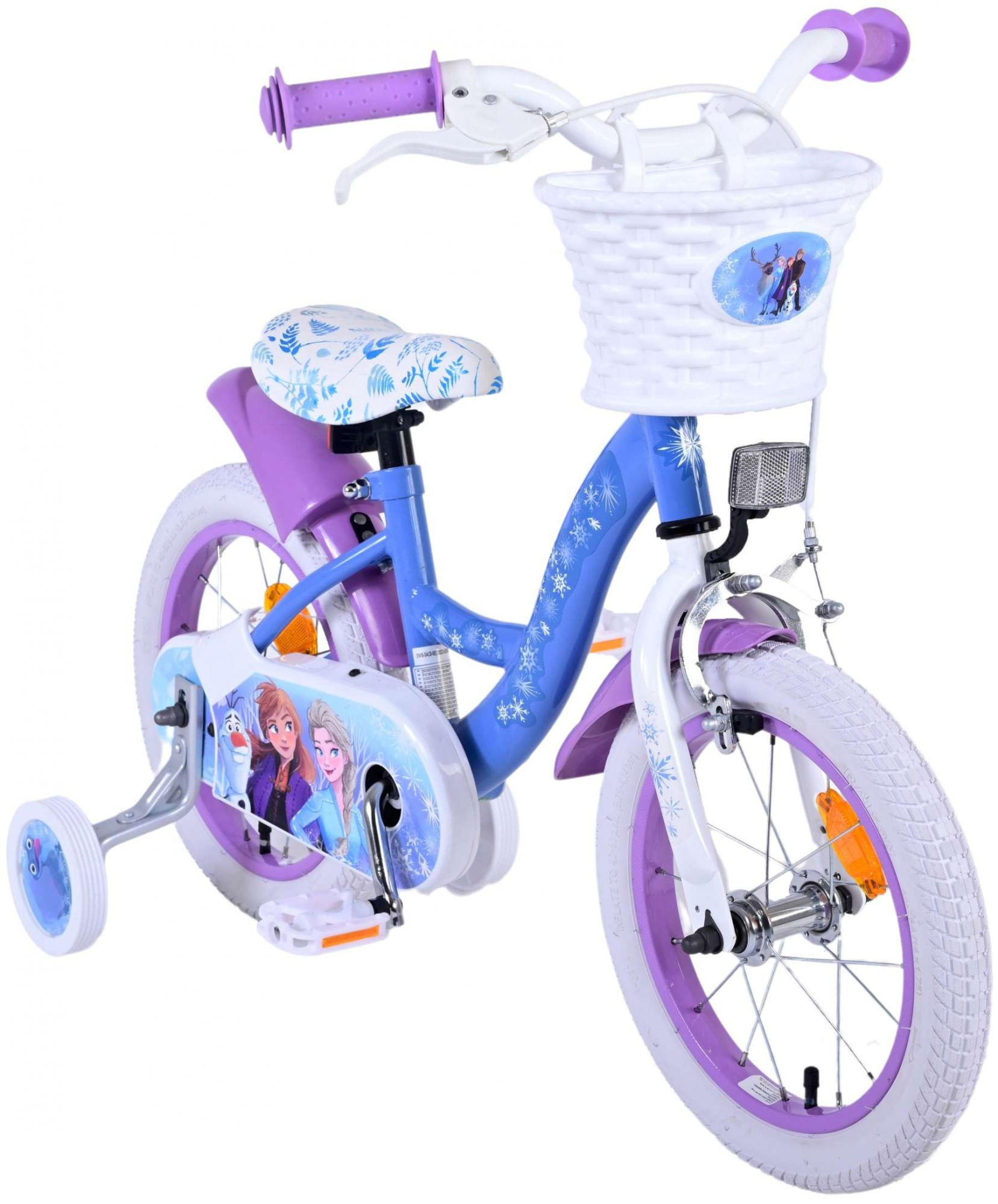 Bicicleta infantil con tema Frozen. Tiene neumáticos blancos y detalles morados. Muestra a Elsa y Anna.