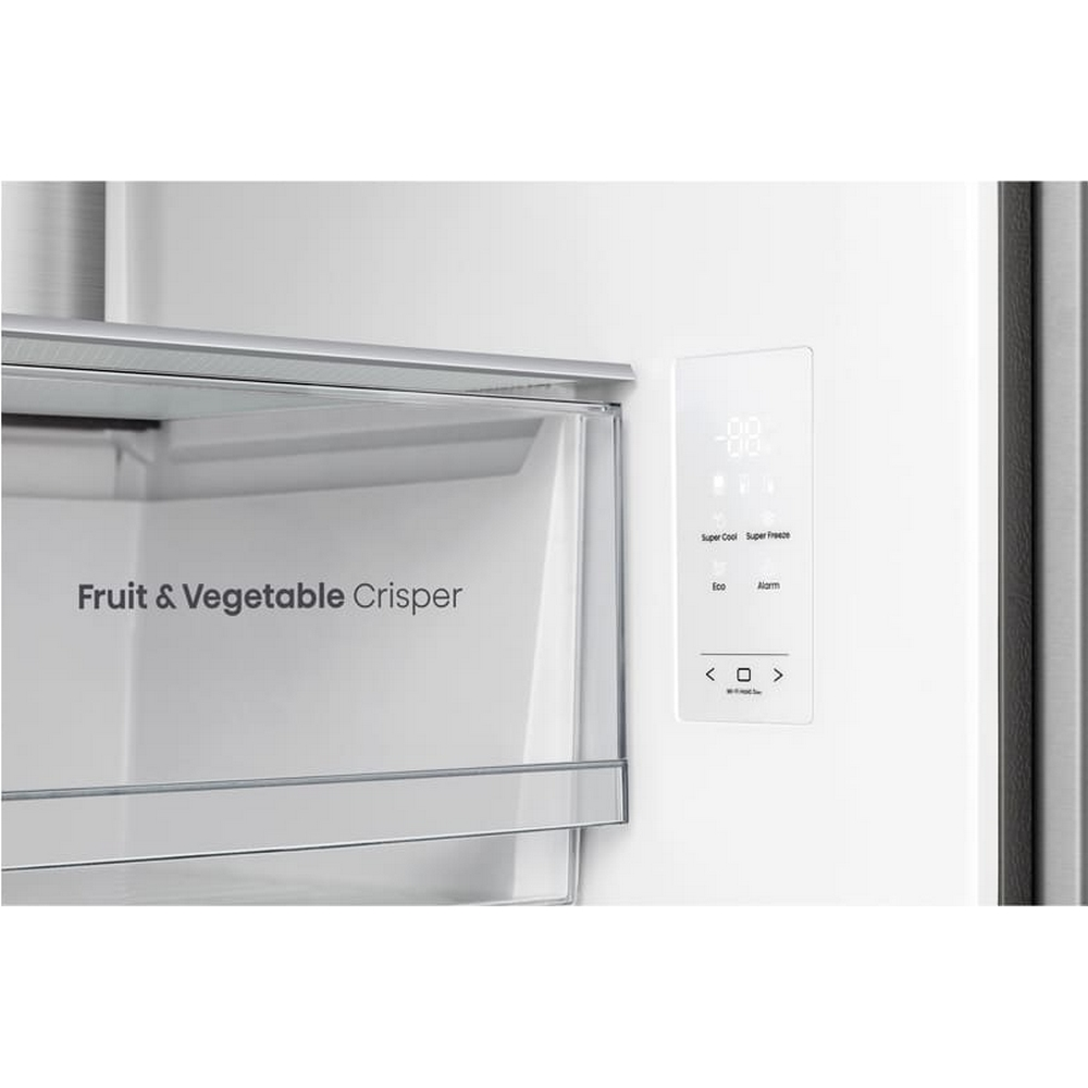 Interno del frigorifero, che mostra il cassetto frutta e verdura e il pannello di controllo.