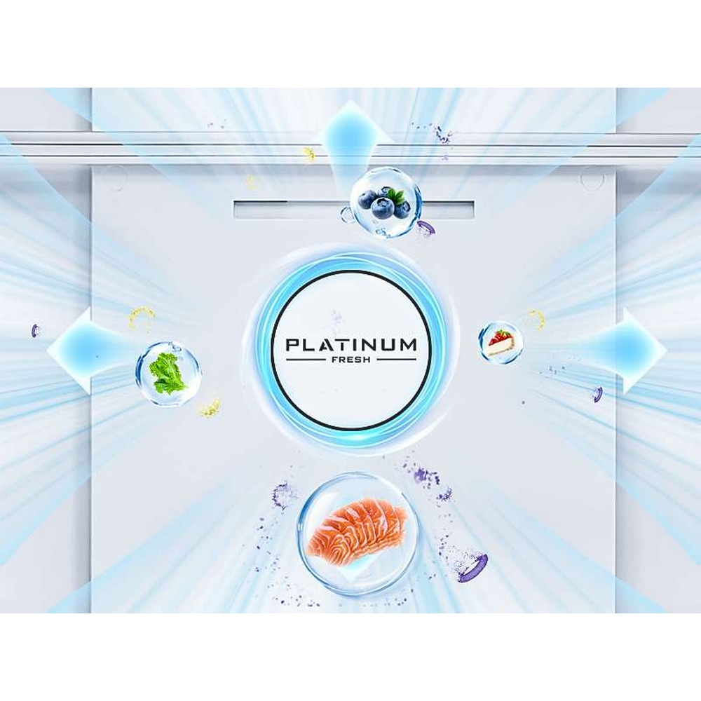 Diagram z centralnym logo 'PLATINUM FRESH', otoczony ilustracjami jagód, łososia i ciasta.