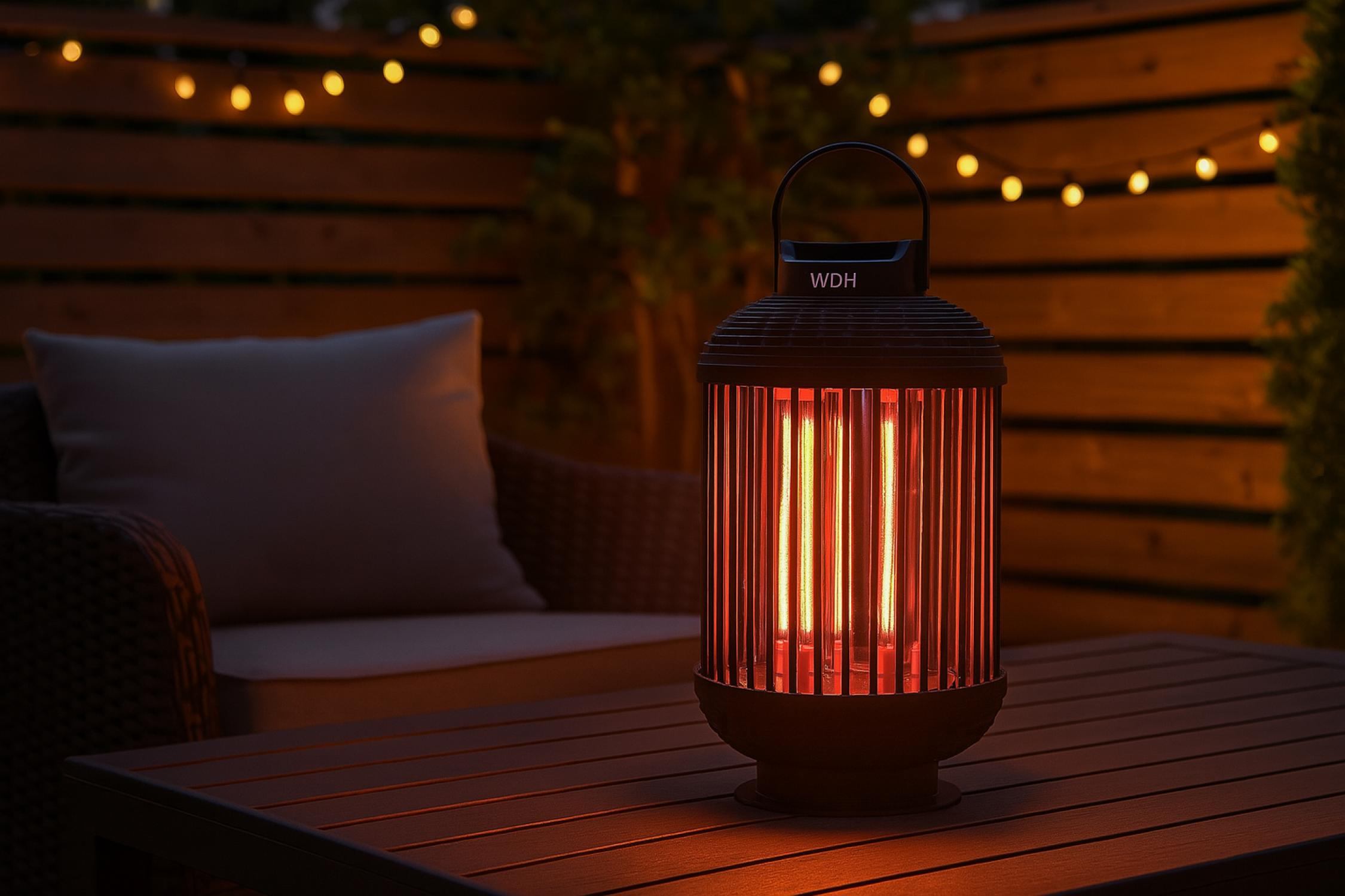 Ein Heizstrahler steht auf einem Holztisch und wirft einen warmen Schein. Im Hintergrund befinden sich ein Stuhl und Lichterketten.
