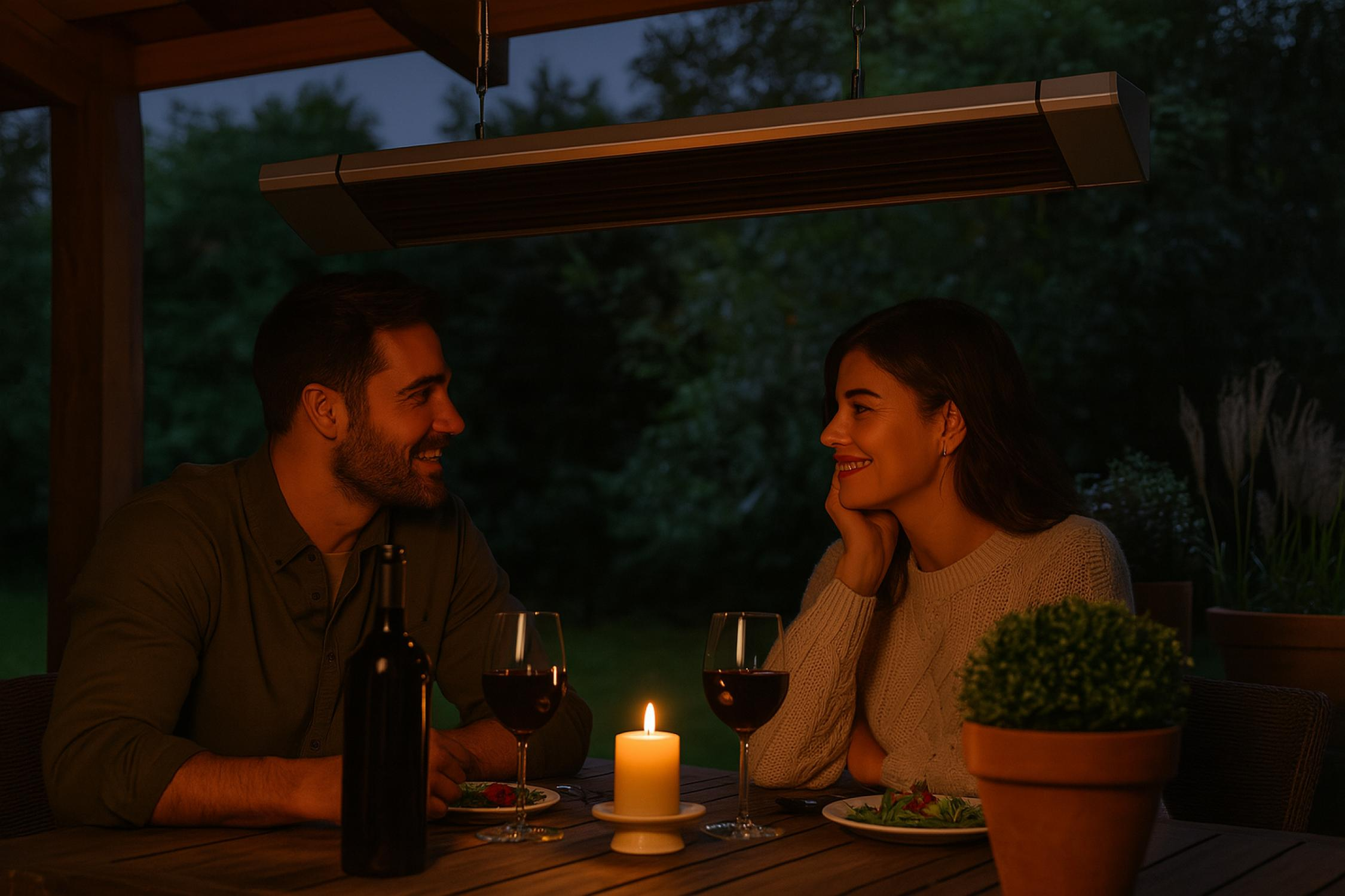 Ein Paar sitzt an einem Tisch unter einem hängenden Heizstrahler und genießt ein romantisches Abendessen mit Wein und Kerzenlicht.
