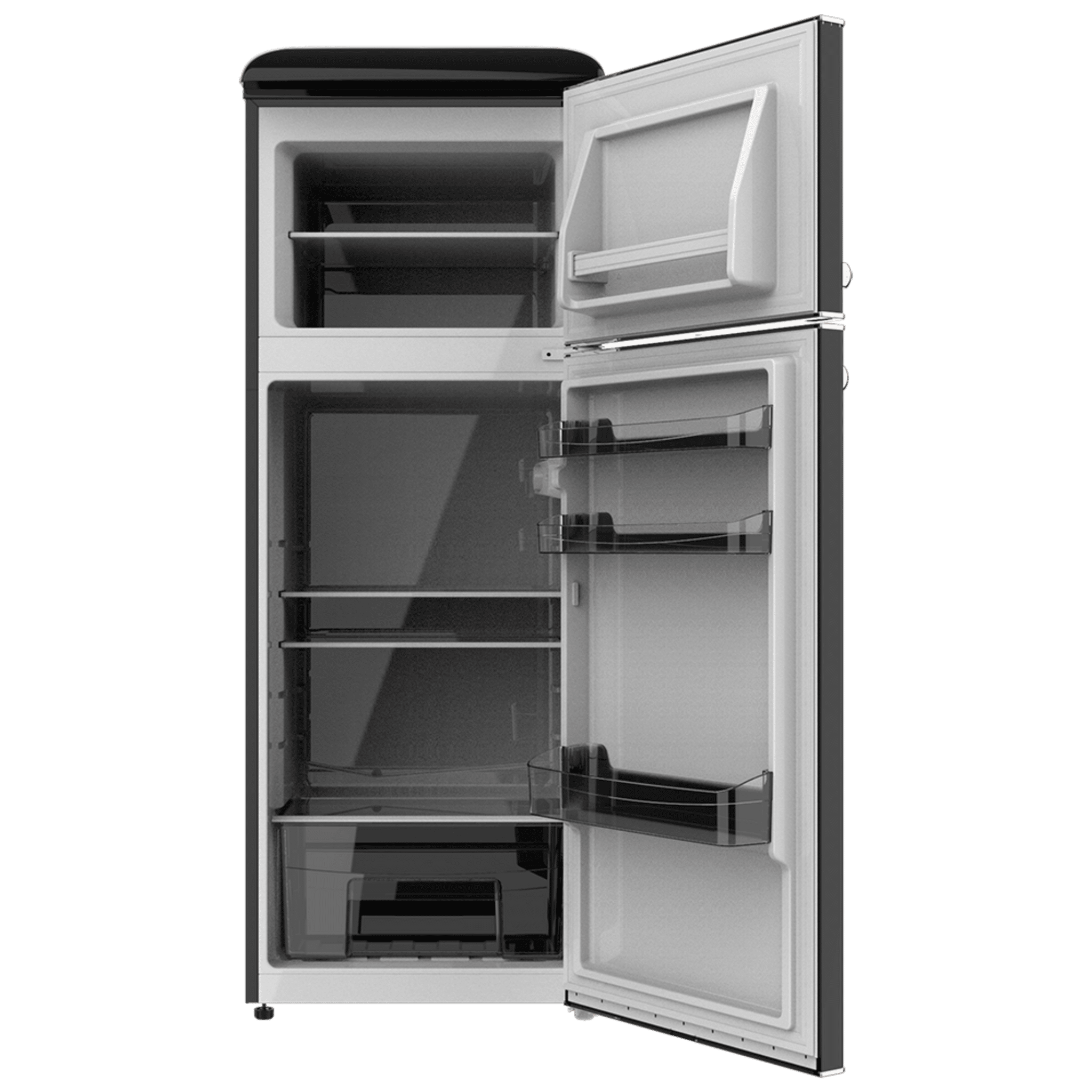 Un refrigerador con las puertas abiertas. El interior tiene estantes, cajones y un congelador. El exterior es blanco y negro, sobre fondo verde.