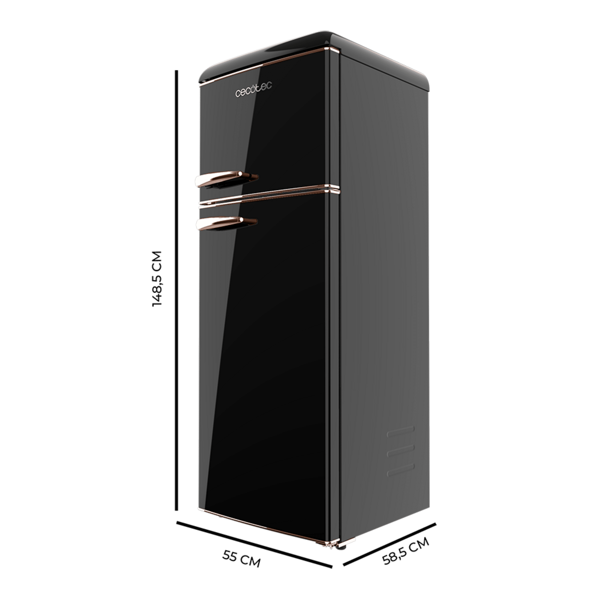 Un refrigerador negro de estilo retro con detalles dorados. Las dimensiones son 148,5 cm x 55 cm x 58,5 cm. Sobre fondo verde.