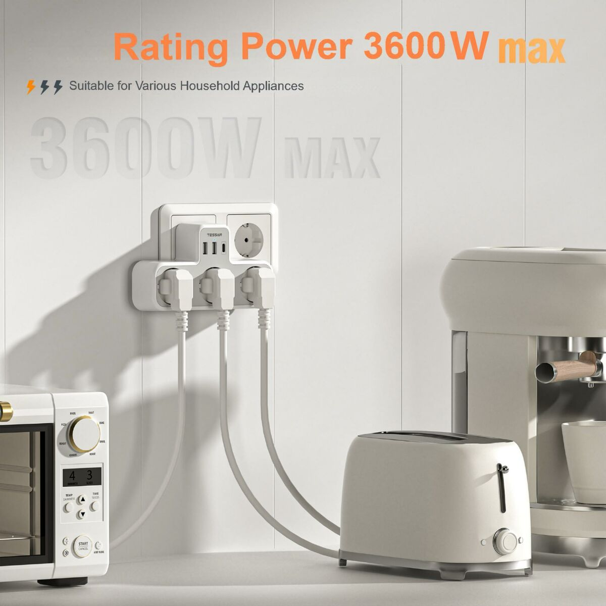 Una ciabatta con elettrodomestici collegati, testo: 3600W max.
