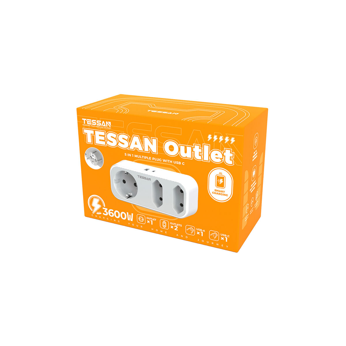 Caja de una toma TESSAN 5 en 1 con USB-C, en naranja y blanco, con detalles del producto.