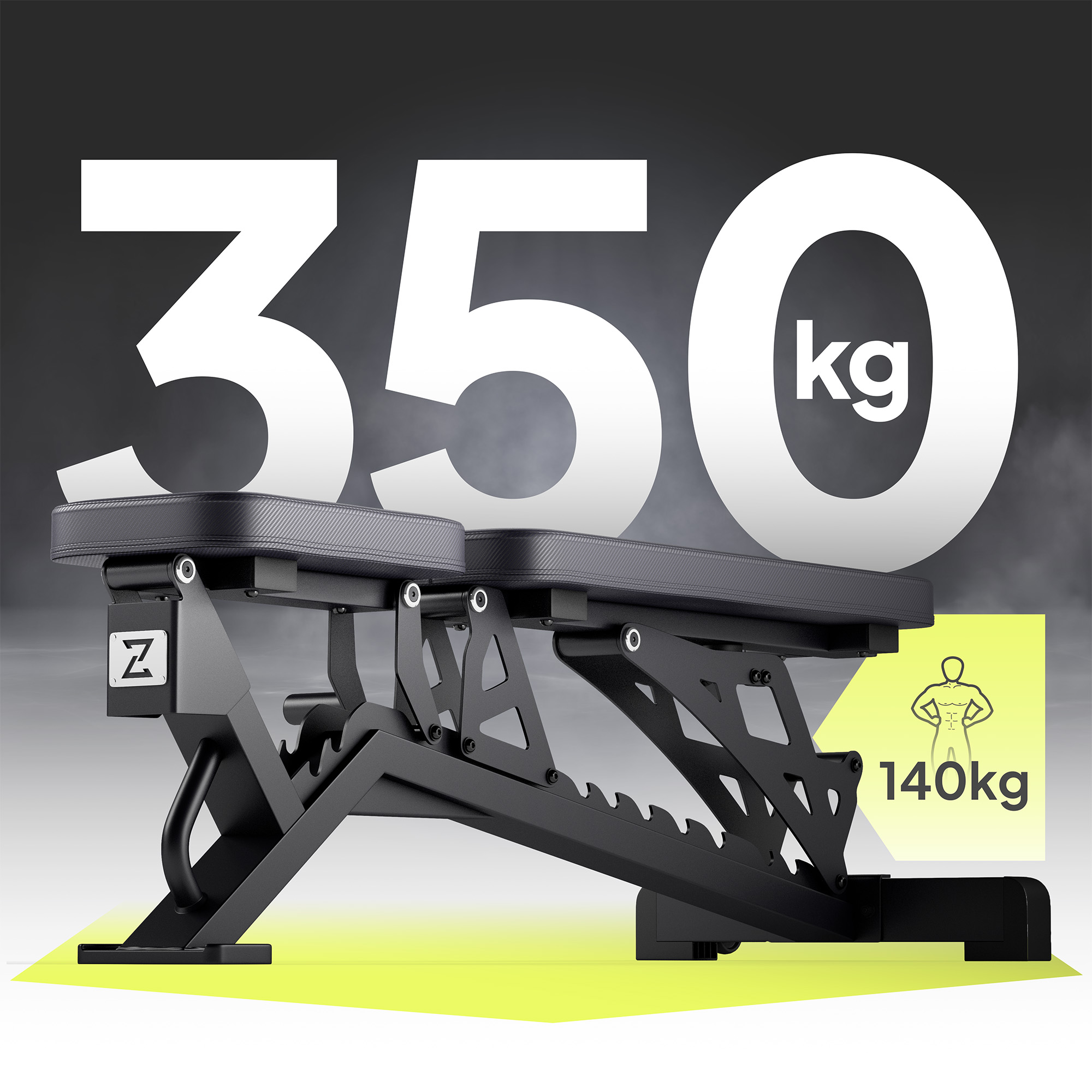 Schwarze Hantelbank mit 350 kg max. Gewicht, 140 kg Kapazität, Z-Logo.
