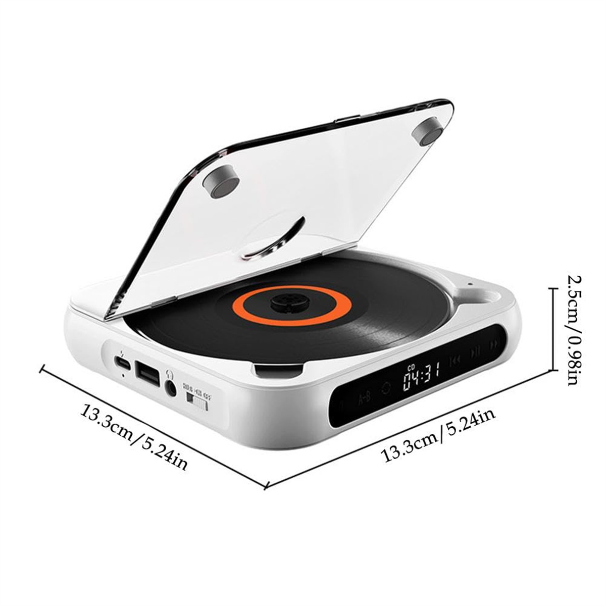 Weißer tragbarer CD-Player mit offenem Deckel, der eine CD und Maße zeigt.